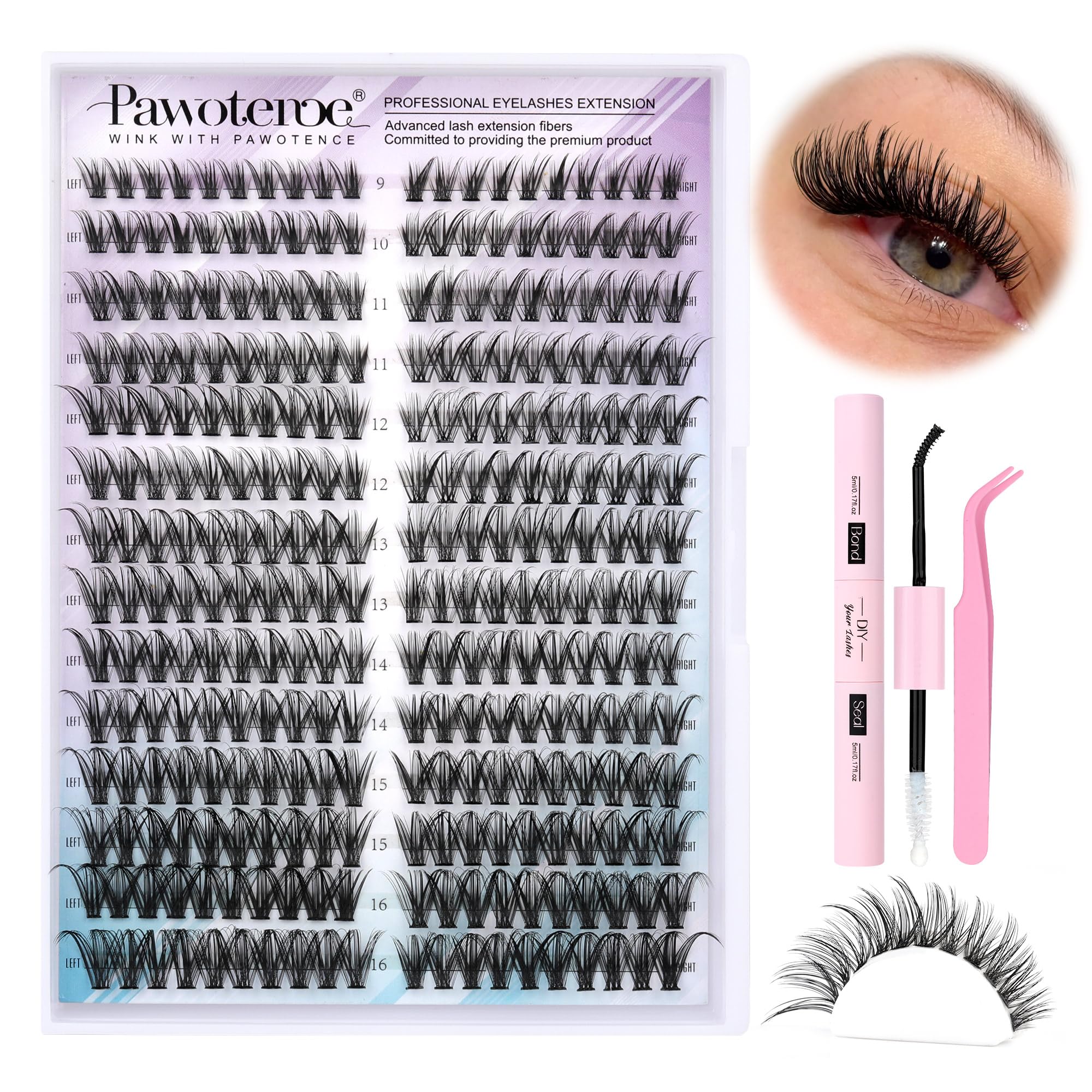 Pawotence Lash Clusters Kit — Cat Eye DIY Extensions 9-16mm (40D) with Bond, Seal & Tweezers