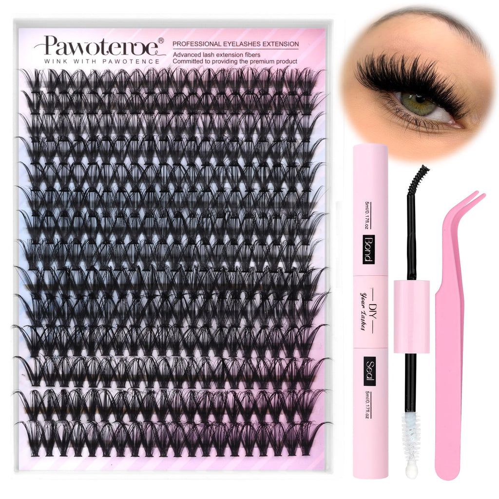 Pawotence Lash Extension Kit DIY 40D 12-18mm – 280 Clusters, Bond & Seal, Tweezers