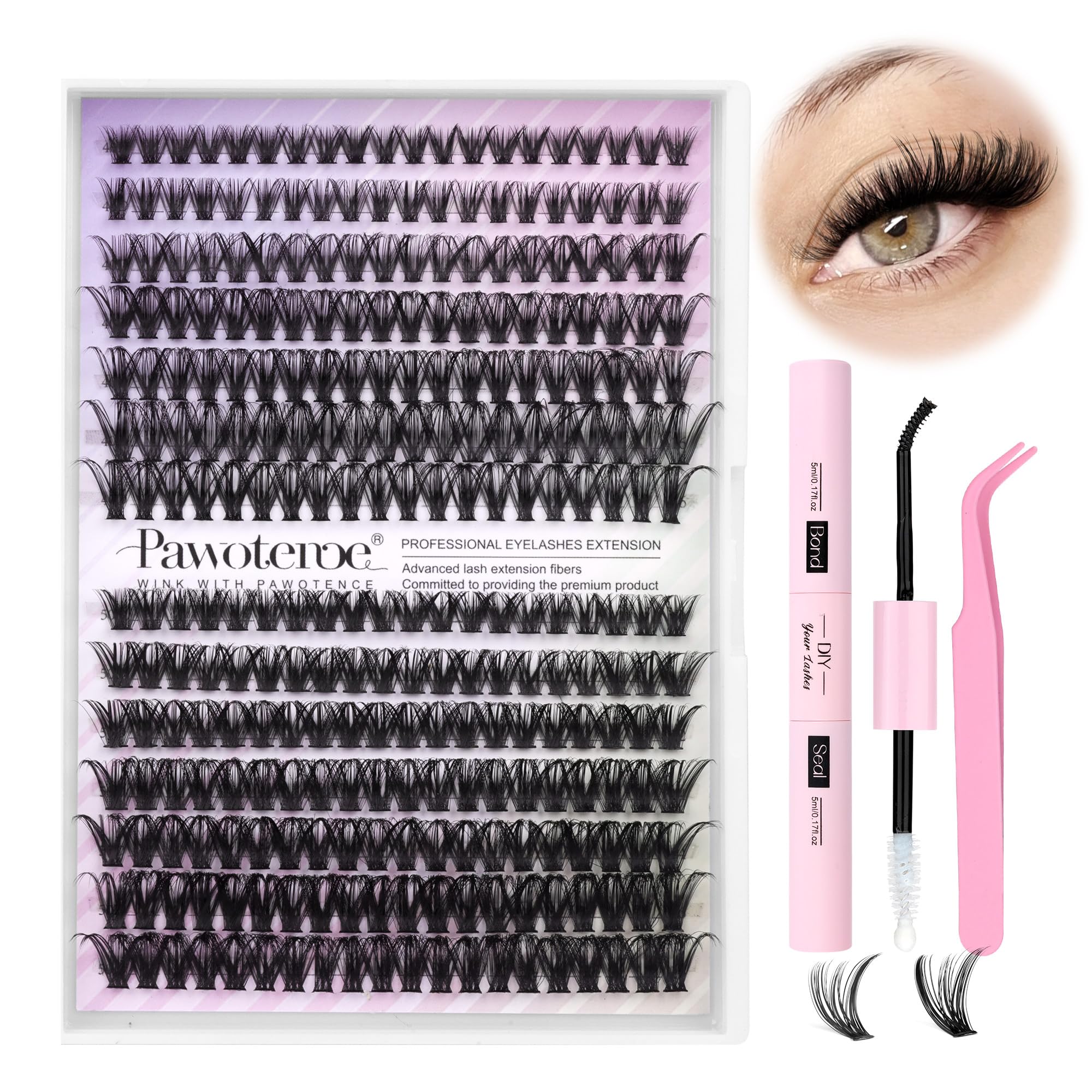 Pawotence Lash Extension Kit 40D/50D – DIY At-Home Lashes with Bond, Seal & Tweezers (8-16mm)