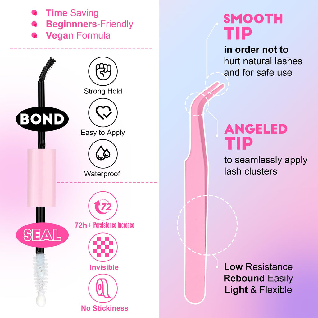 Pawotence Lash Extension Kit DIY 40D 12-18mm – 280 Clusters, Bond & Seal, Tweezers