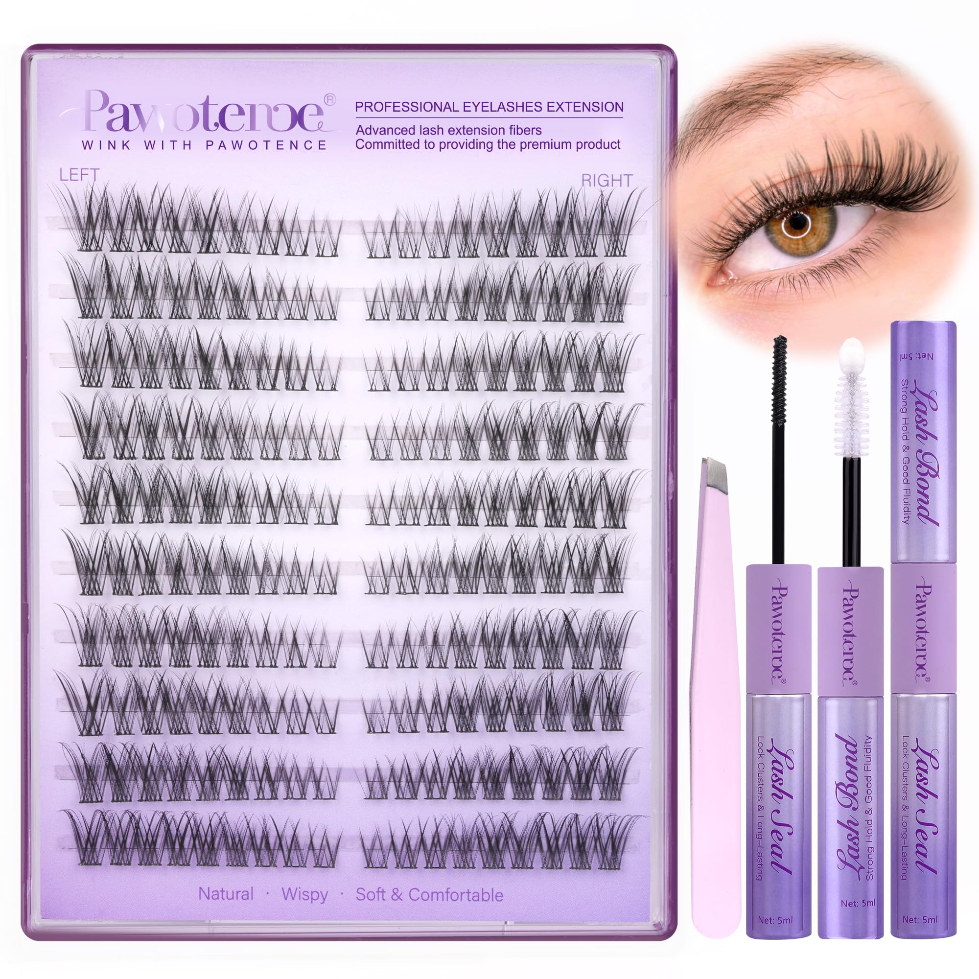 Pawotence Wispy Lash Clusters Kit – 180pcs DIY Cat Eye Extensions with Bond & Seal