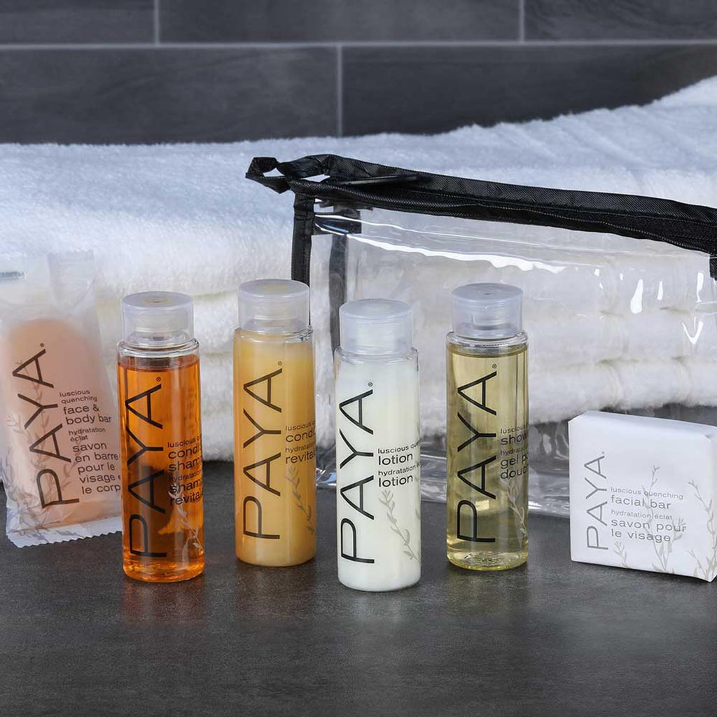 Paya Organics Travel Set – Shampoo, Conditioner, Shower Gel, Facial Bar, Bath Bar & Tote