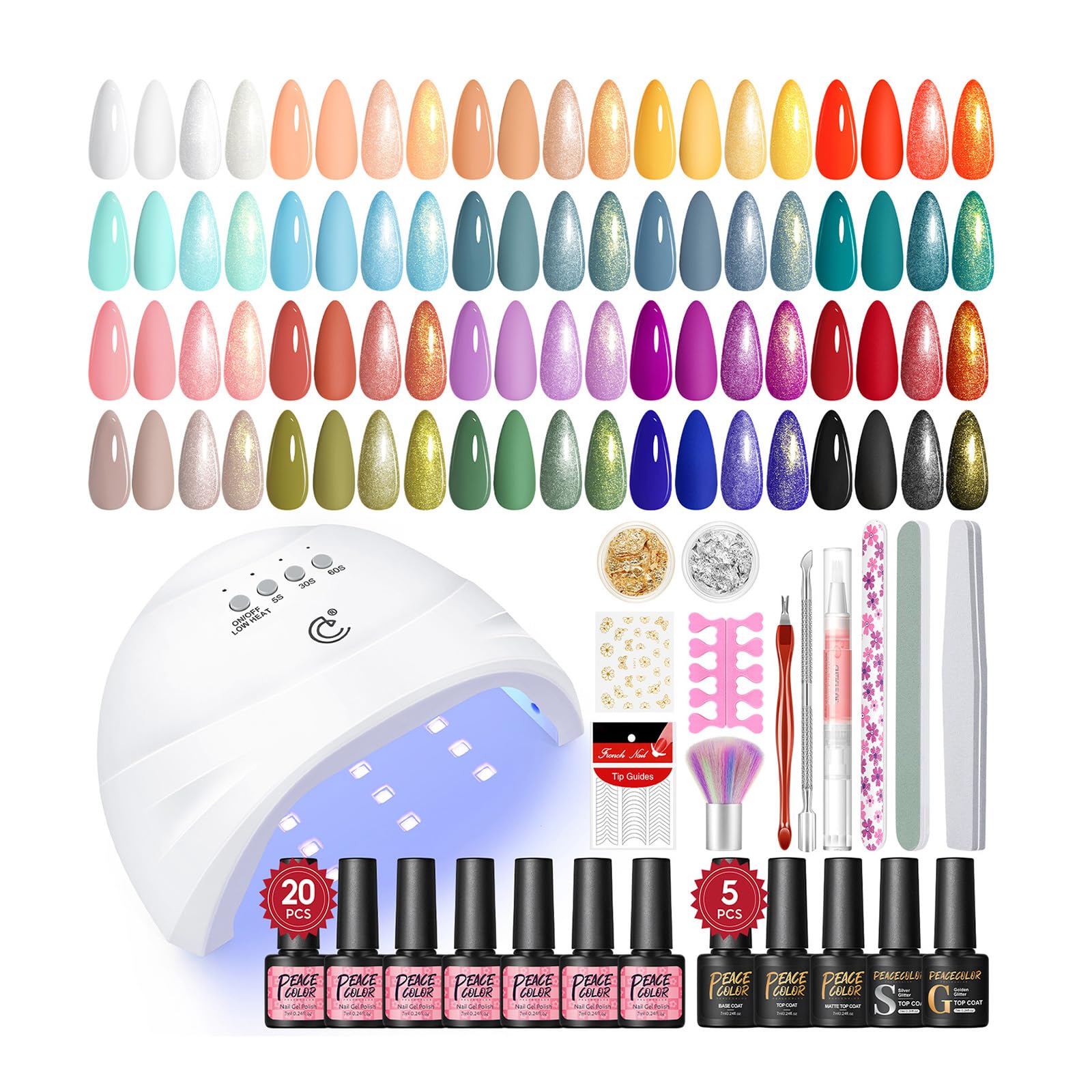 PEACECOLOR 38Pcs Gel Nail Kit with UV Light – 20 Colors, Top & Base Coats