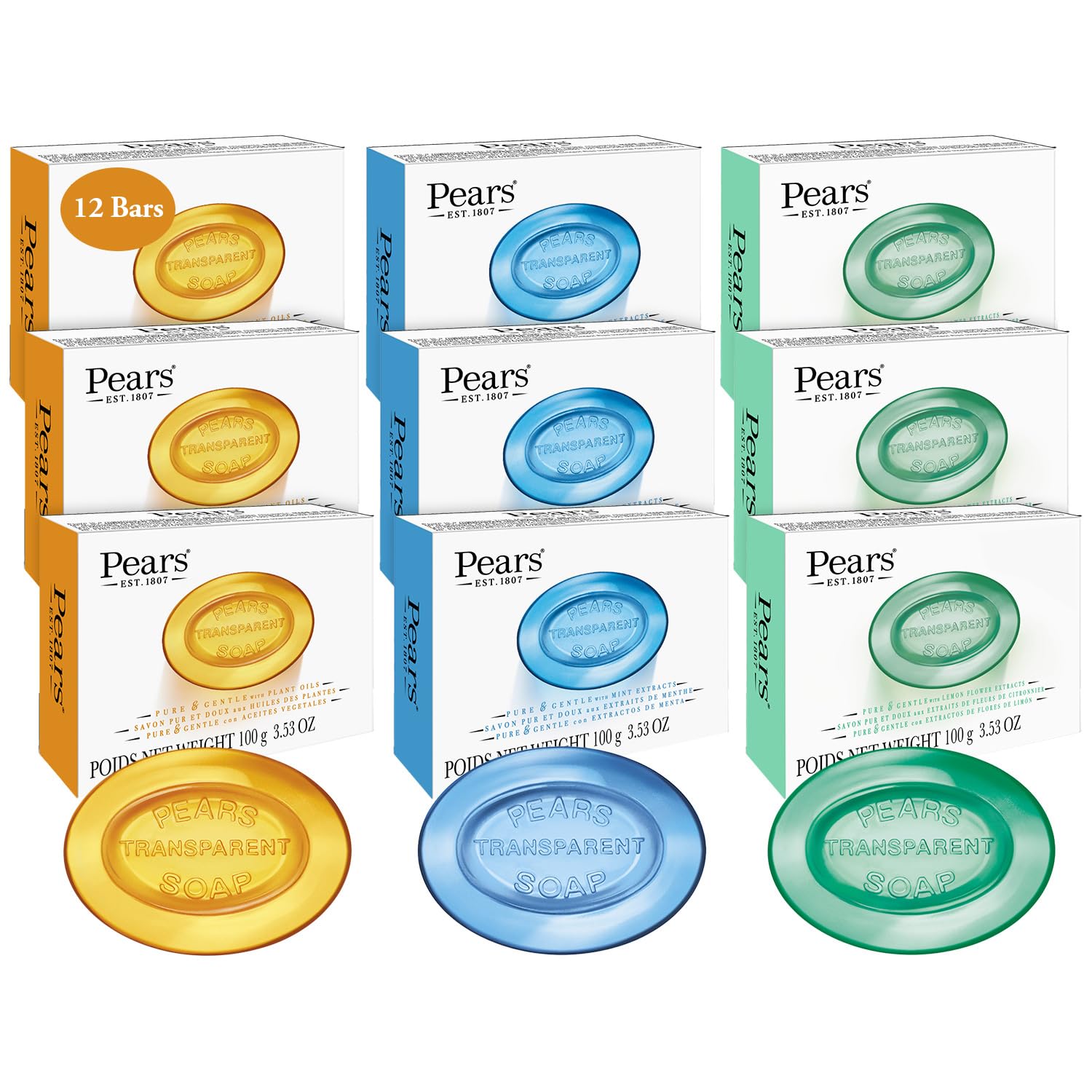 Pears Glycerin Soap Variety 12-Pack – Transparent Amber, Blue & Green Bars (3.53 oz each)