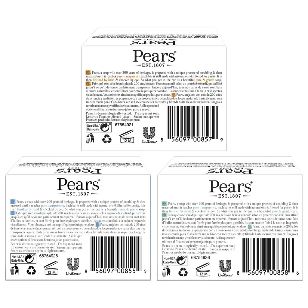 Pears Glycerin Soap Variety 12-Pack – Transparent Amber, Blue & Green Bars (3.53 oz each)