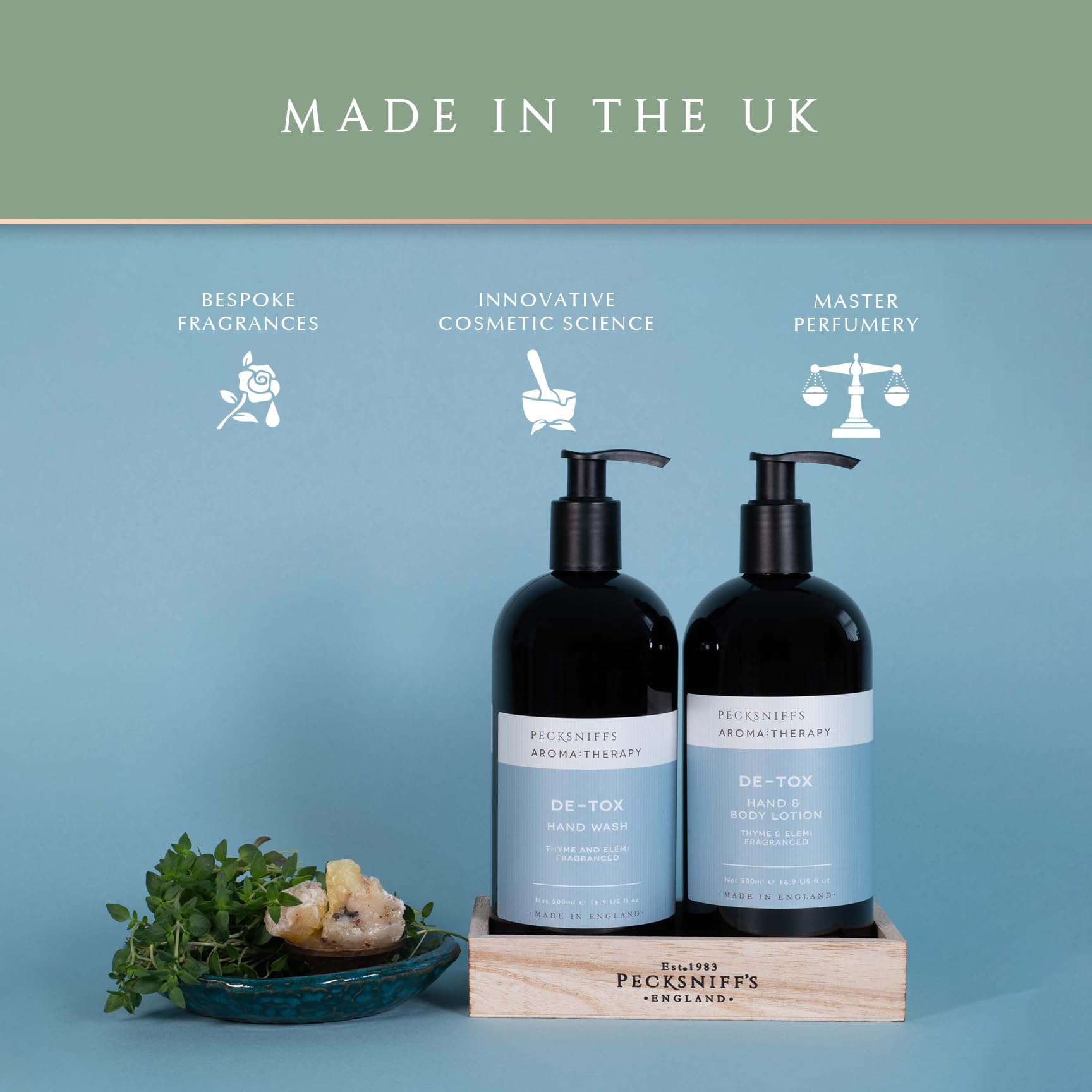 Pecksniff's Aroma Therapy De-Tox Hand Wash & Lotion Set – 500 ml in Wooden Caddy
