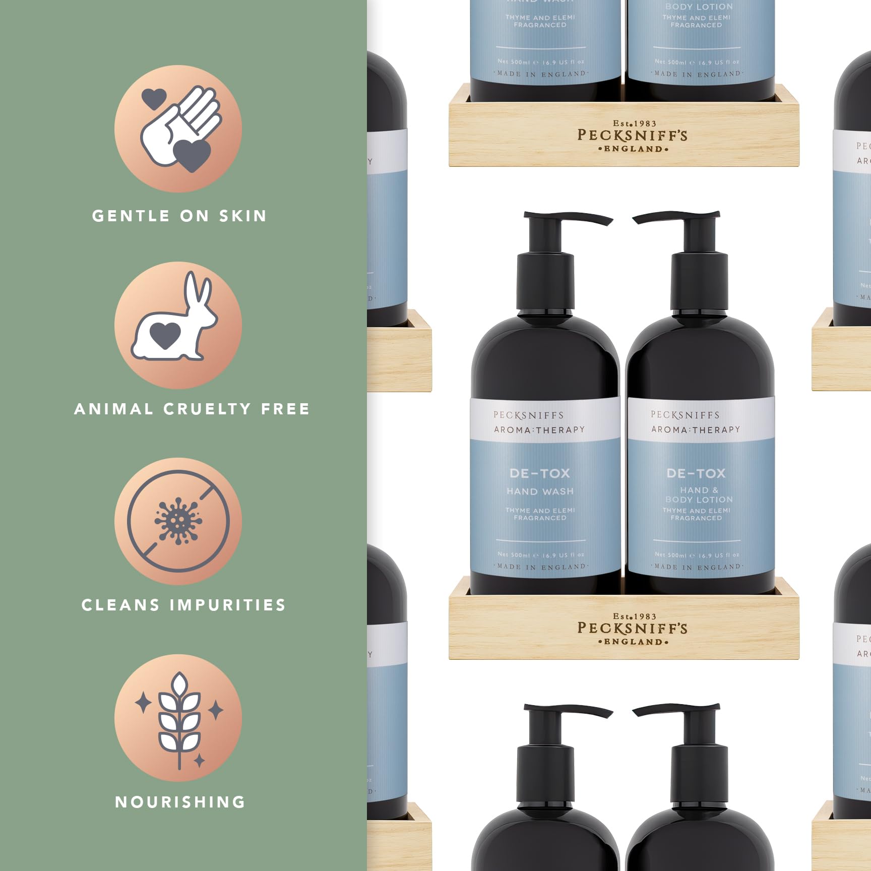 Pecksniff's Aroma Therapy De-Tox Hand Wash & Lotion Set – 500 ml in Wooden Caddy