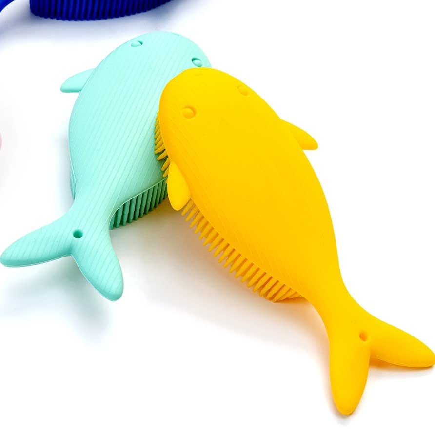 Penepico Premium Sensory Brush – 2-in-1 Silicone Bath Loofah for Kids (Whale, Yellow)