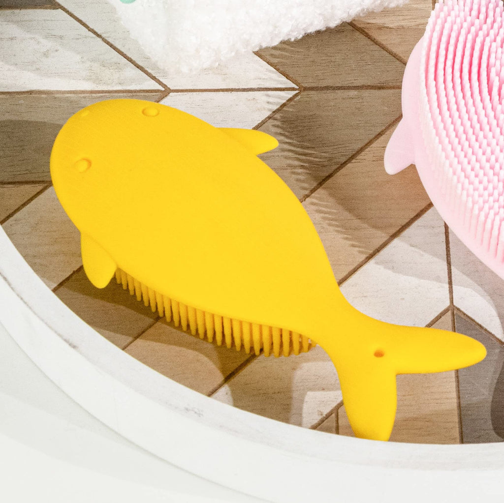 Penepico Premium Sensory Brush – 2-in-1 Silicone Bath Loofah for Kids (Whale, Yellow)