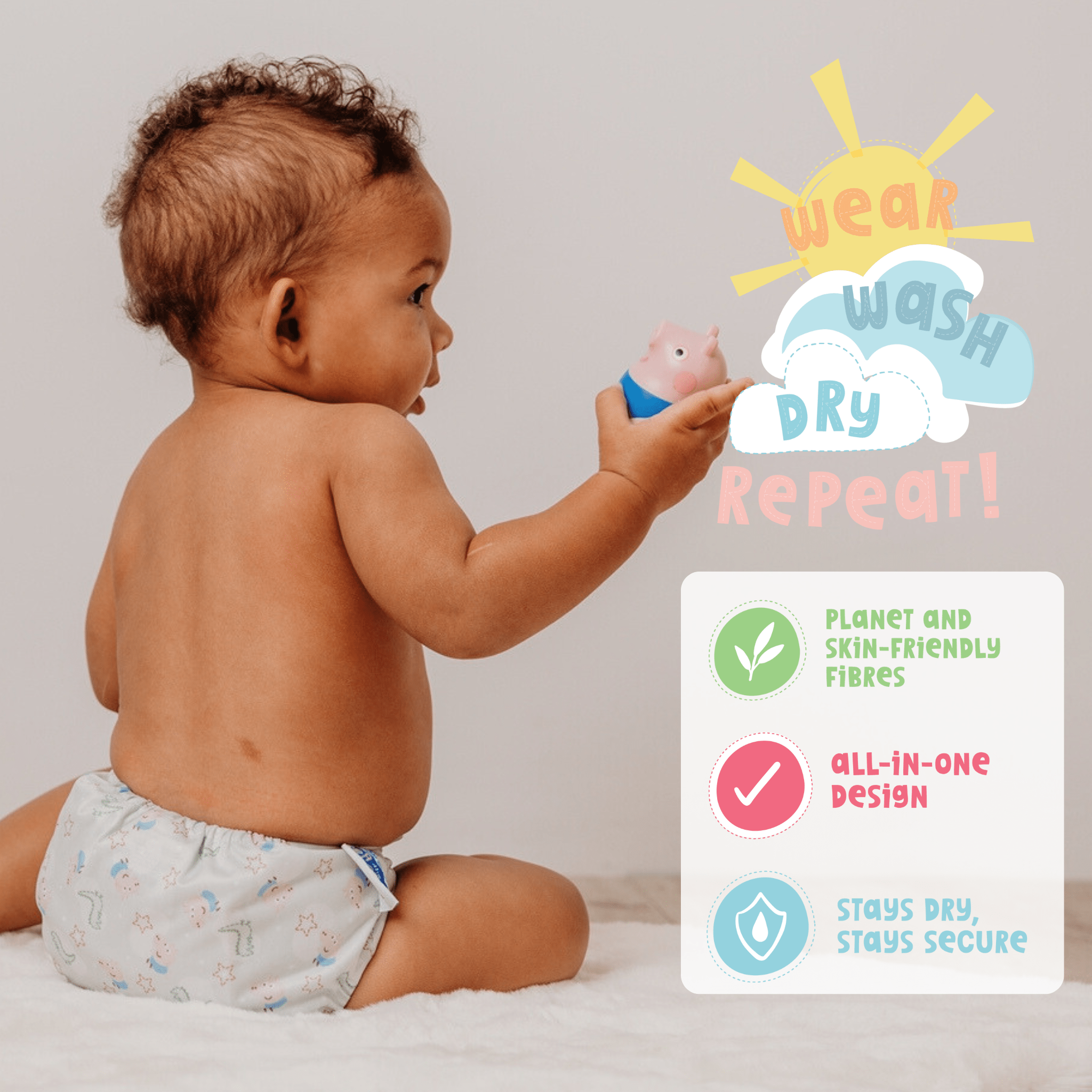 Peppa Pig One Size All-In-One Reusable Cloth Nappy - George & Mr.Dinosaur | White