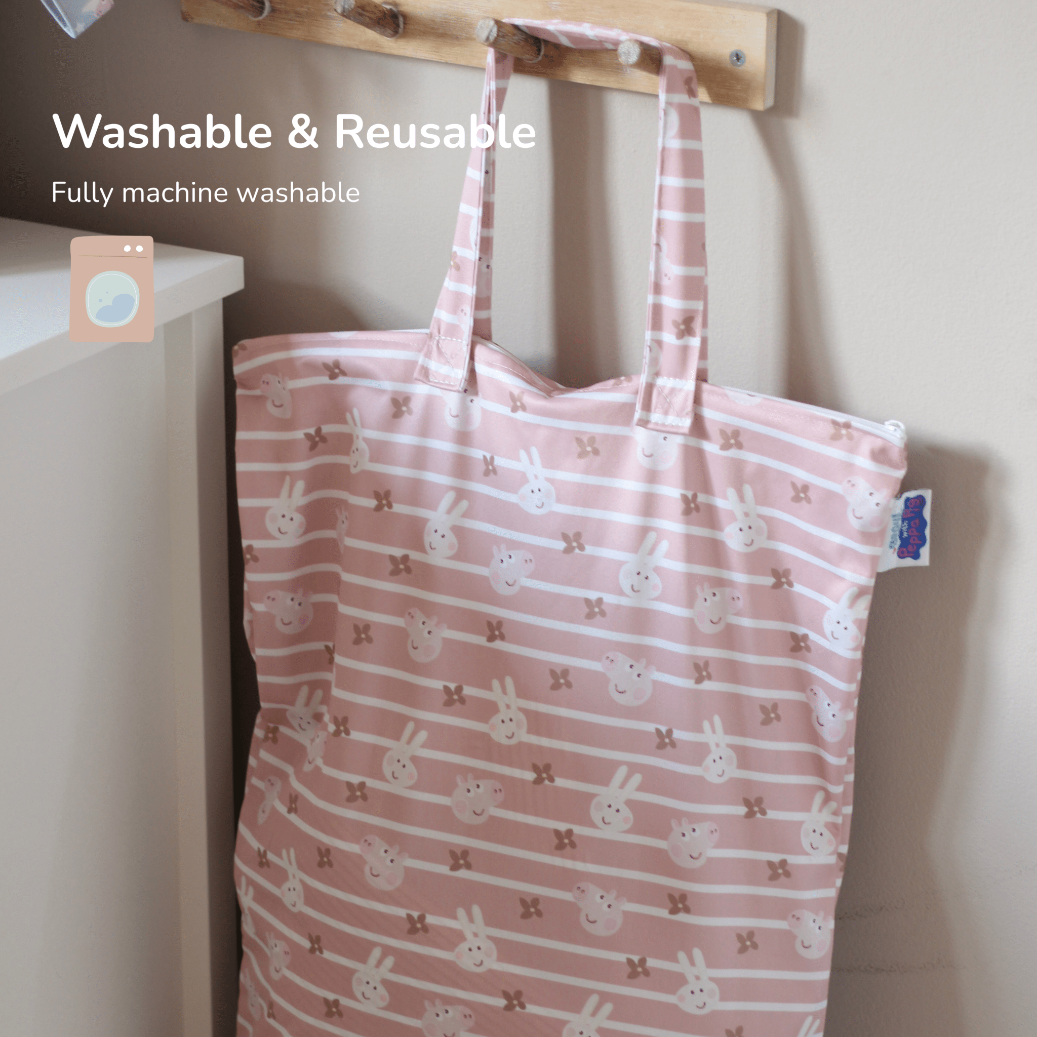 Peppa Pig XL Wet Bag Reusable Cloth Nappy Pail - Blush Stripe