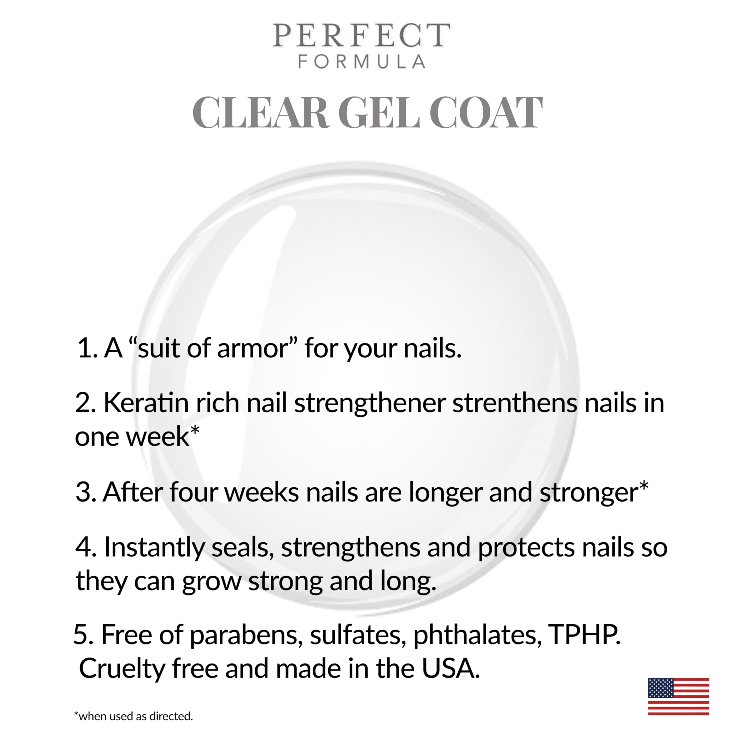 Perfect Formula Clear Gel Coat - Nail Strengthener, Keratin Treatment, 0.60 fl oz - Made in USA