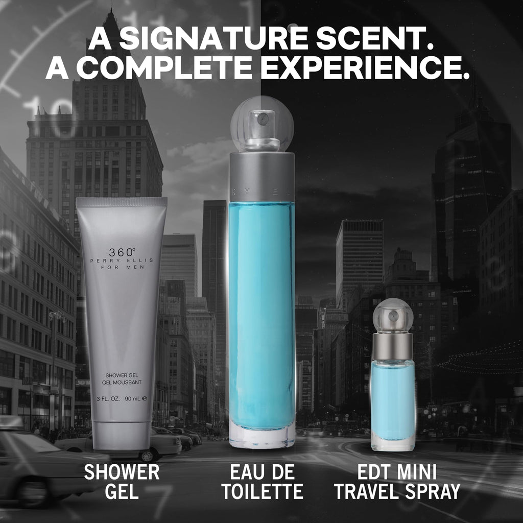 Perry Ellis 360° 3-Piece Gift Set for Men — EDT 3.4 oz + Shower Gel 3 oz + Travel Spray