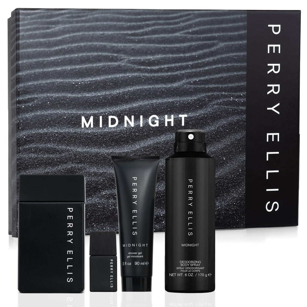 Perry Ellis Midnight 4-Piece Gift Set for Men | Eau de Toilette 3.4 oz + Travel Spray, Body Spray, Shower Gel