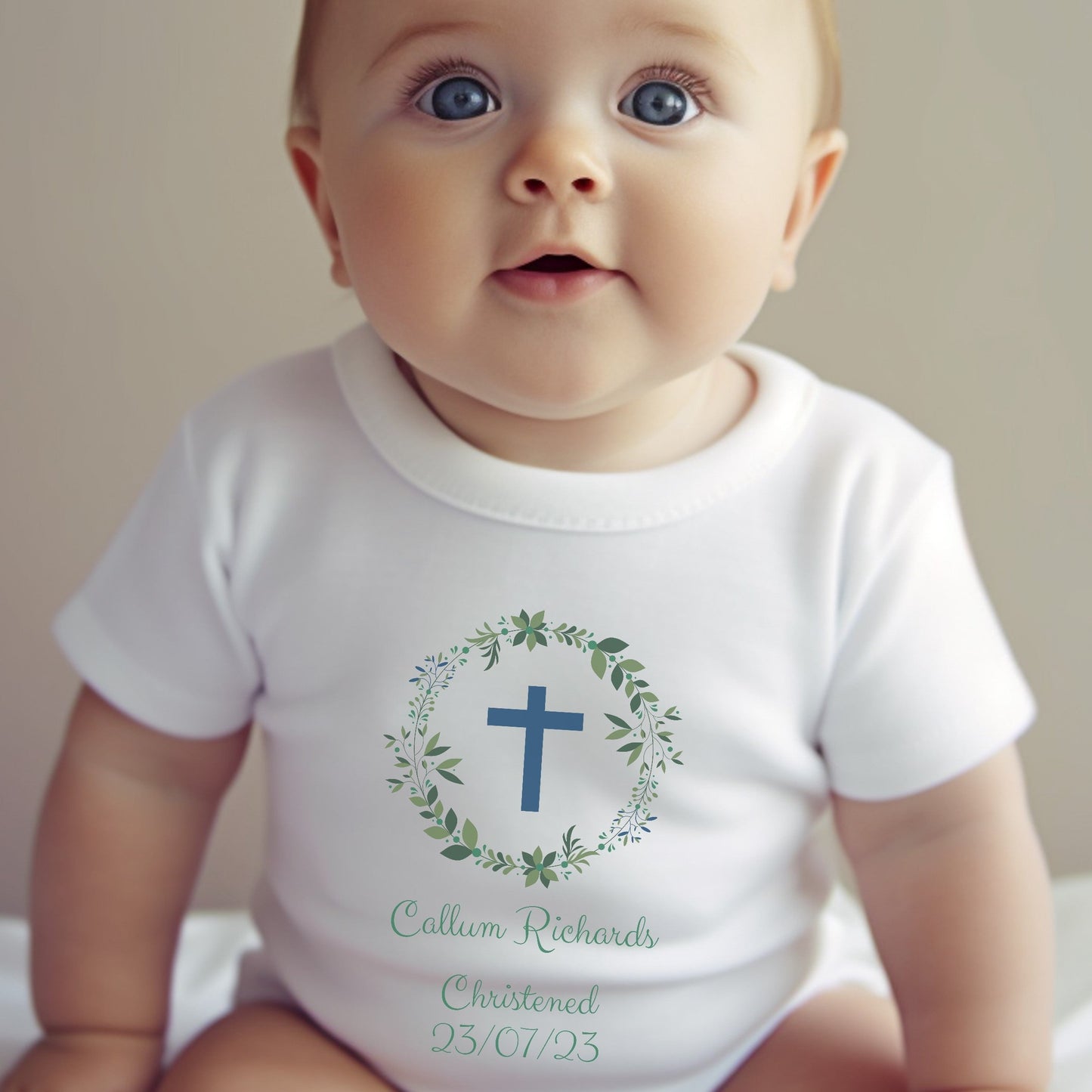 Personalised Green Christening Baby Grow, Vest or Bib with Name