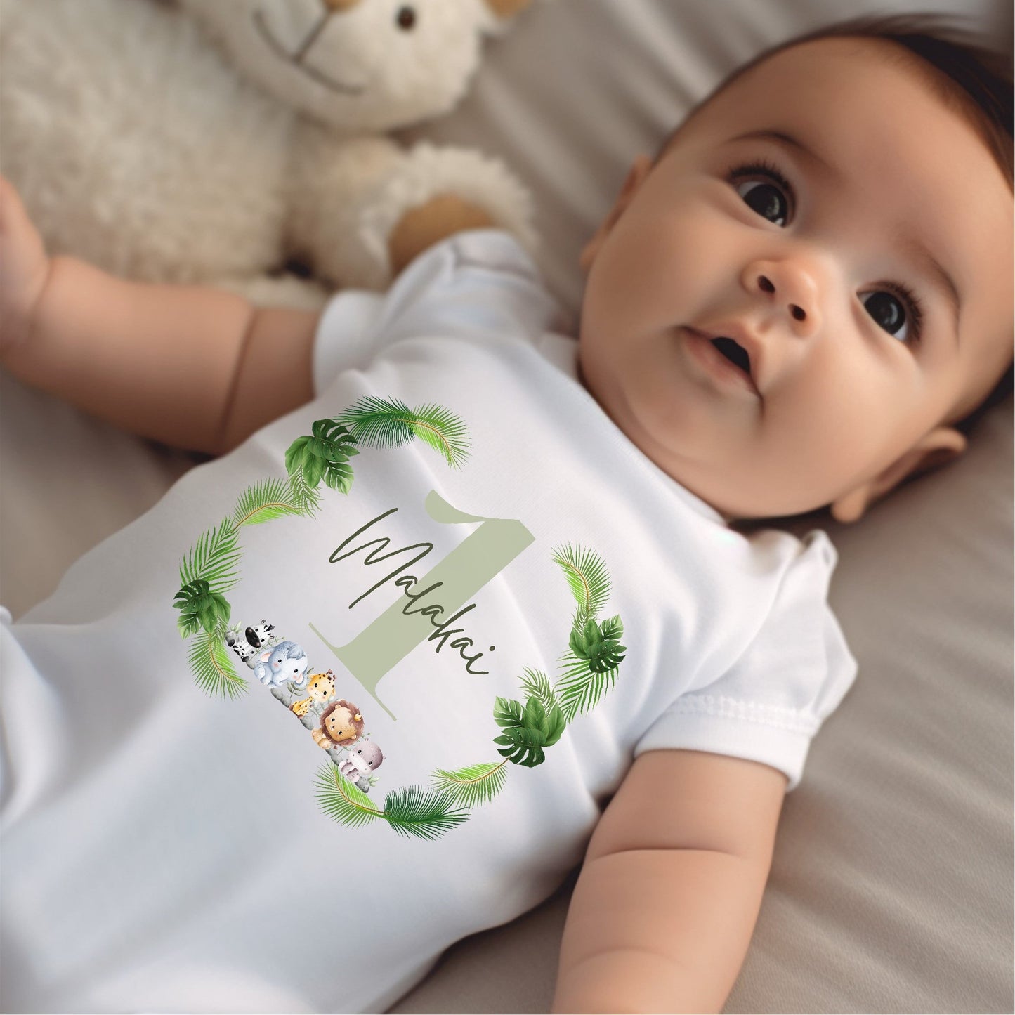 Personalised Green Safari Animals Baby Grow, Vest or Bib with Name