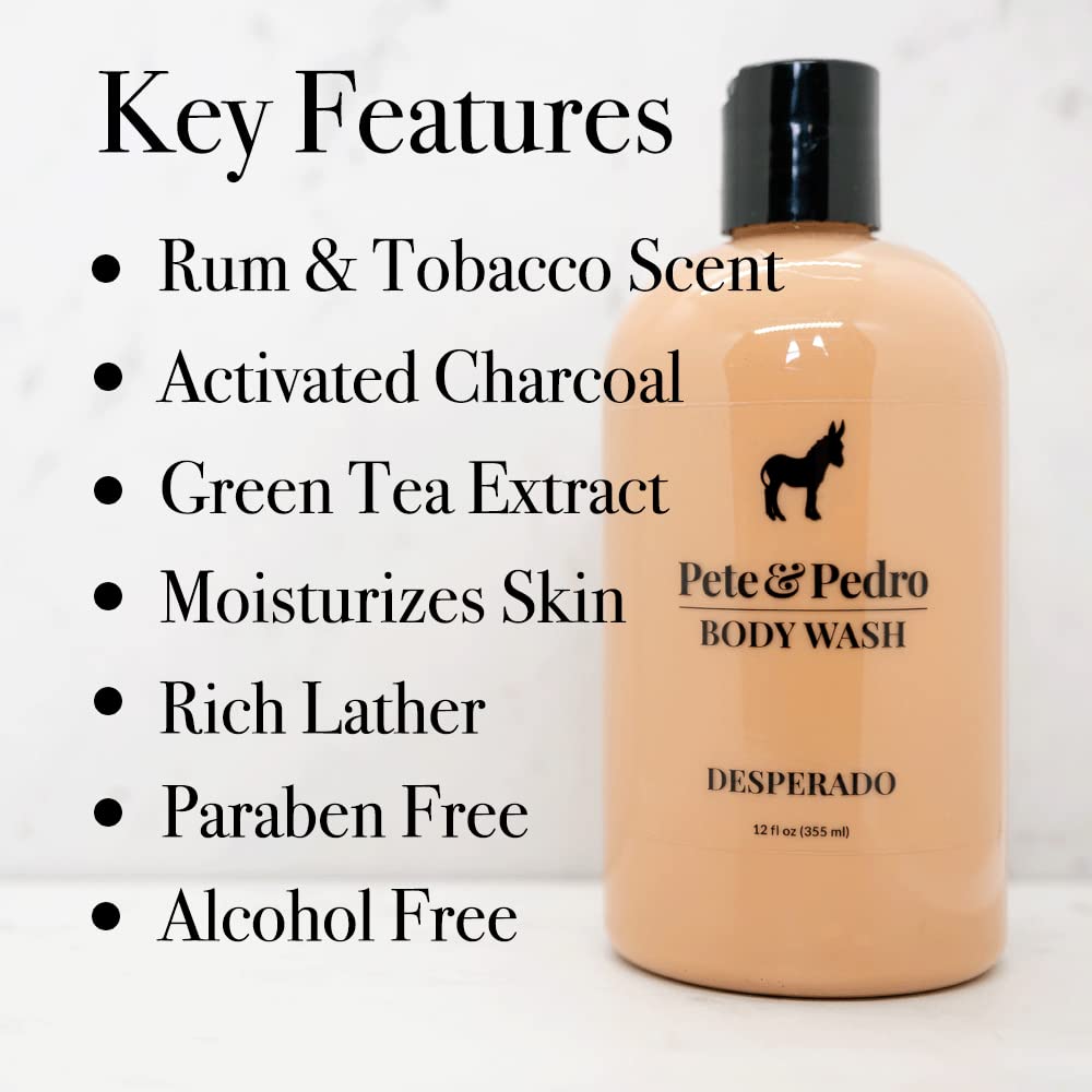 Pete & Pedro Desperado Body Wash for Men – Rum & Tobacco Scent, Charcoal, 12 oz