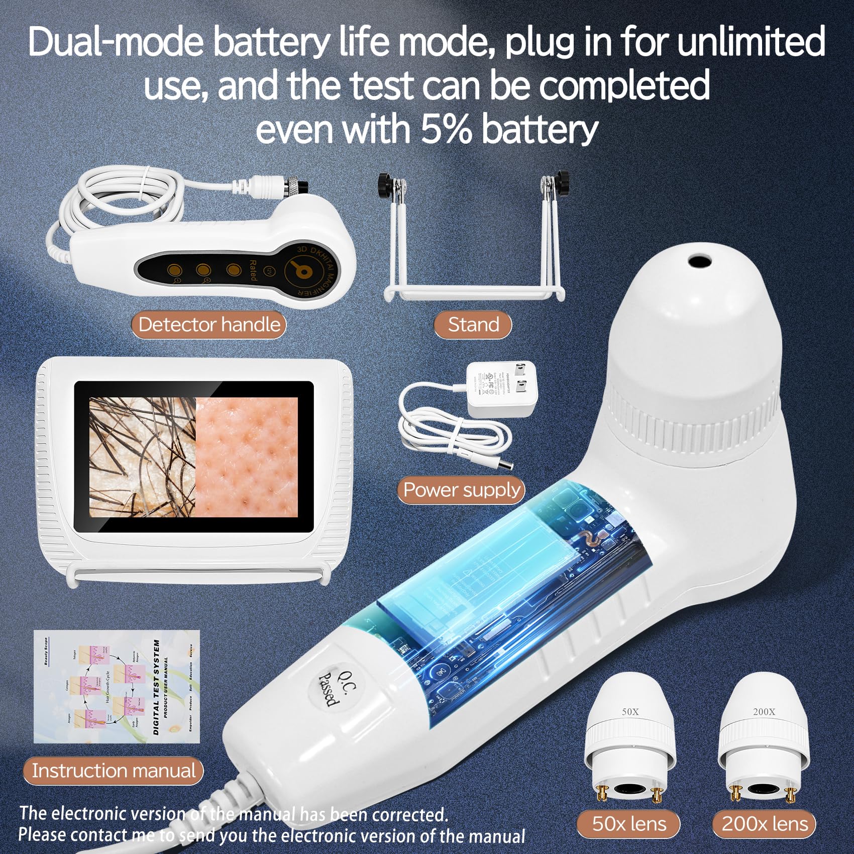 Pewoaoa Skin Hair Analyzer – 5 Inch Digital, 50x/200x Lenses, Portable HD LCD Display