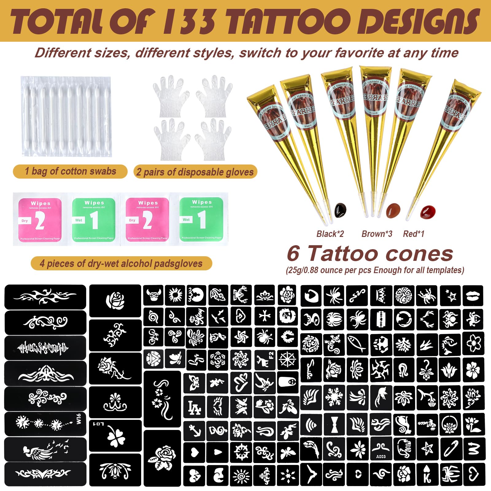 PFARRER Temporary Tattoos Kit – 6 Inks in 3 Colors, 133 Templates, DIY Body Art