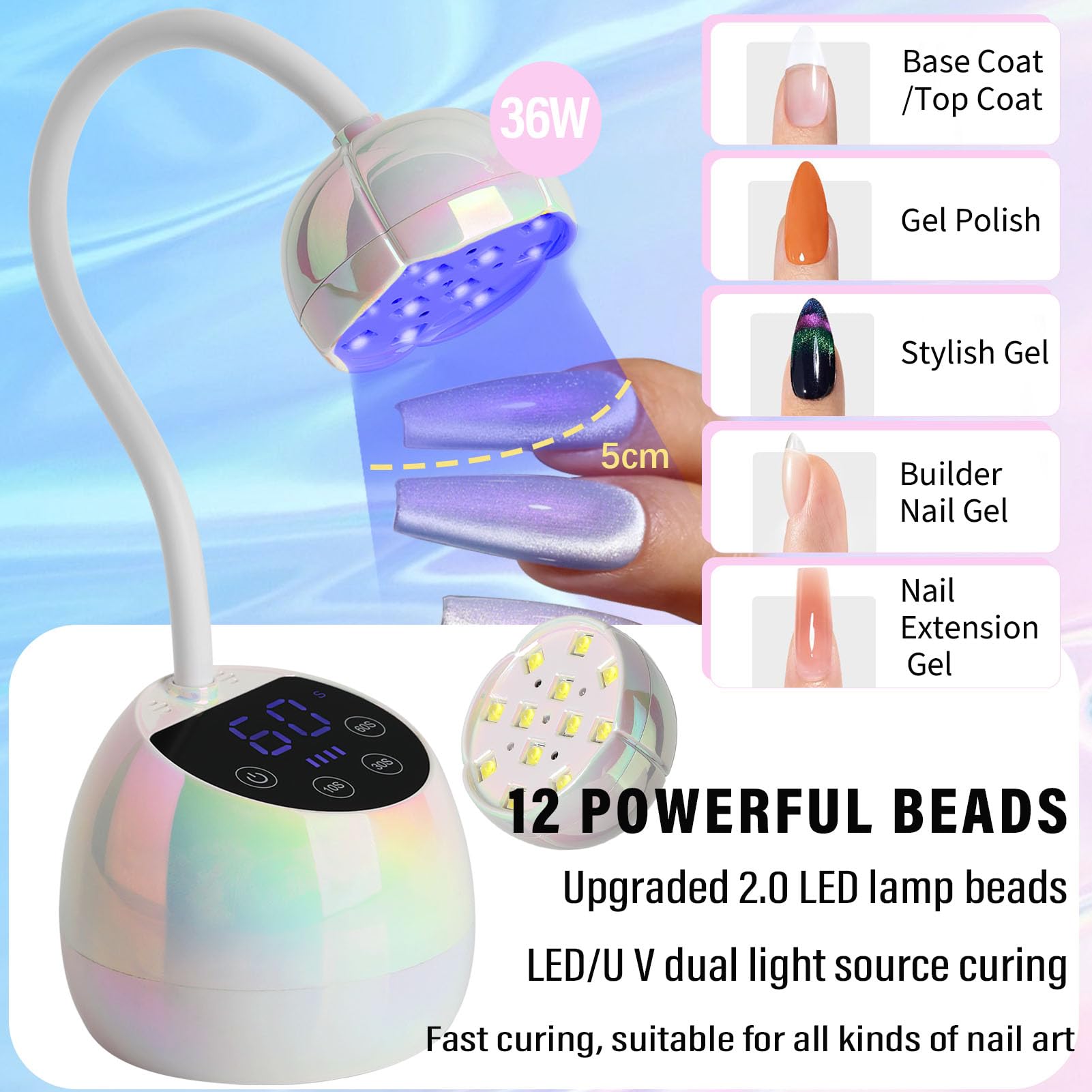 PHAIN U V LED Nail Lamp 36W – Cordless Gooseneck UV/LED Nail Dryer with 3 Timers & LCD