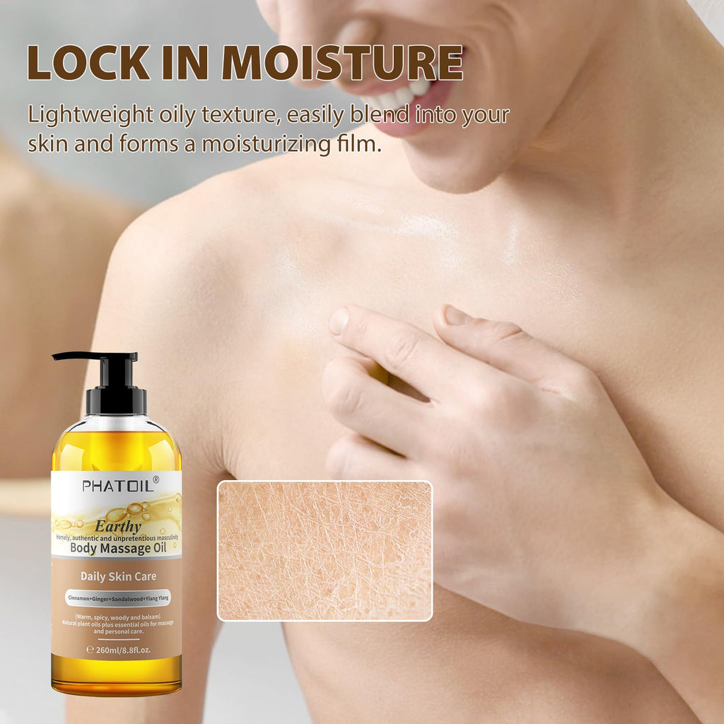 PHATOIL Sandalwood Body Oil for Men – Ginger, Ylang Ylang, Cinnamon | 260ml
