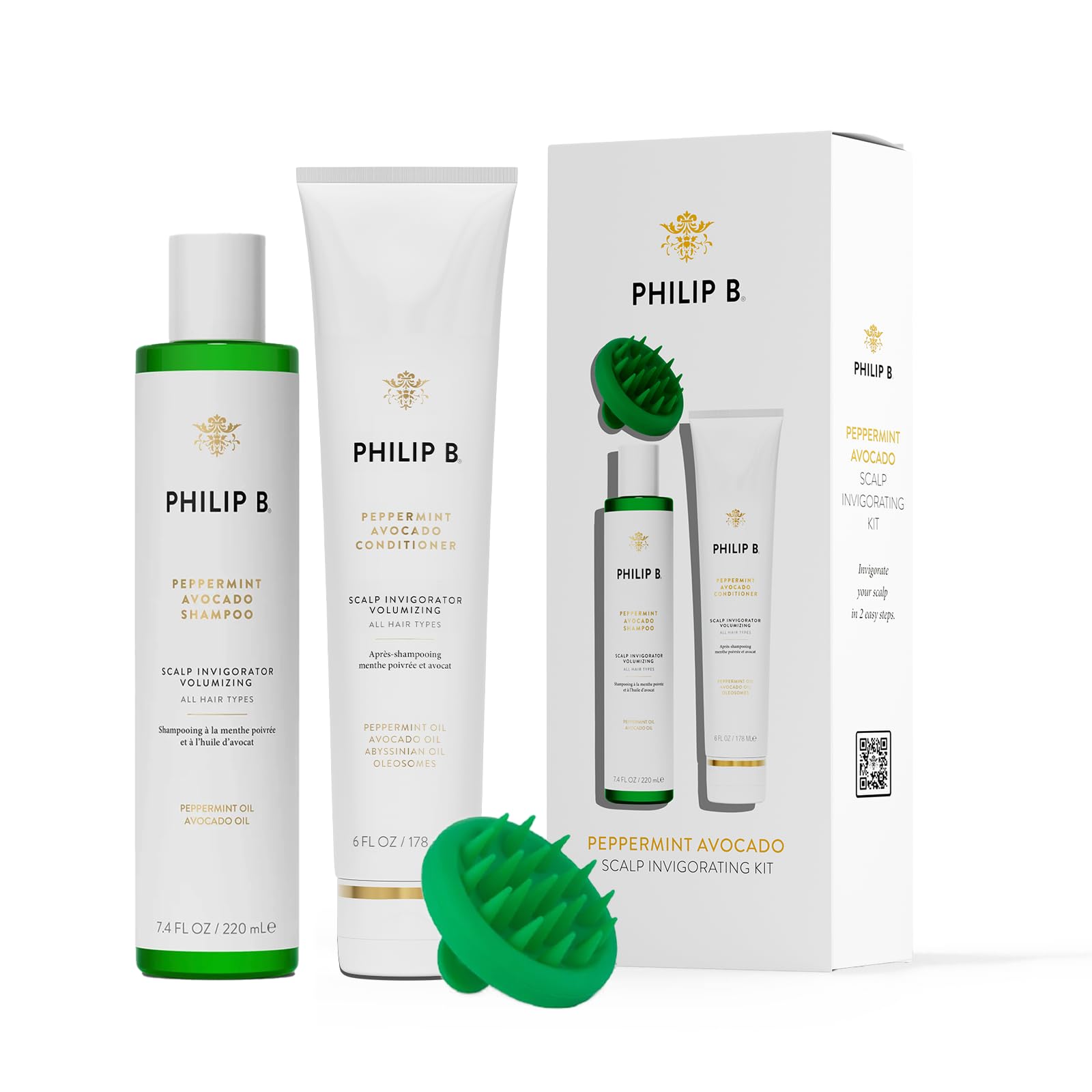 PHILIP B Peppermint Avocado Scalp Invigorating Kit – Shampoo, Conditioner & Scalp Massager