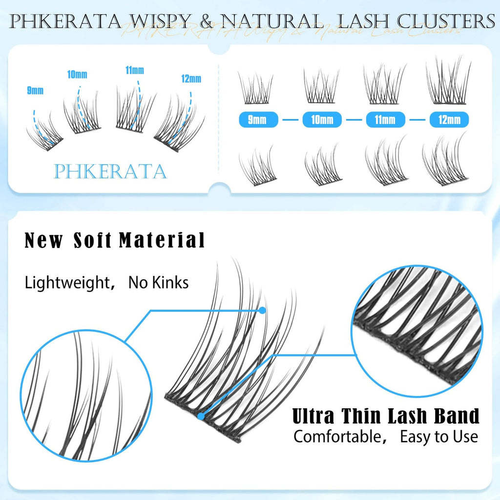 PHKERATA Wispy Lash Extension Kit – 120 Natural Cluster Lashes (9-12mm) with Glue & Tweezers
