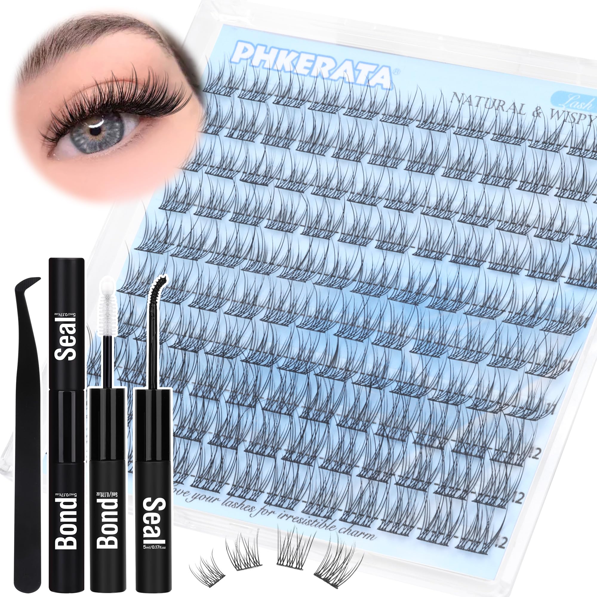 PHKERATA Wispy Lash Extension Kit – 120 Natural Cluster Lashes (9-12mm) with Glue & Tweezers
