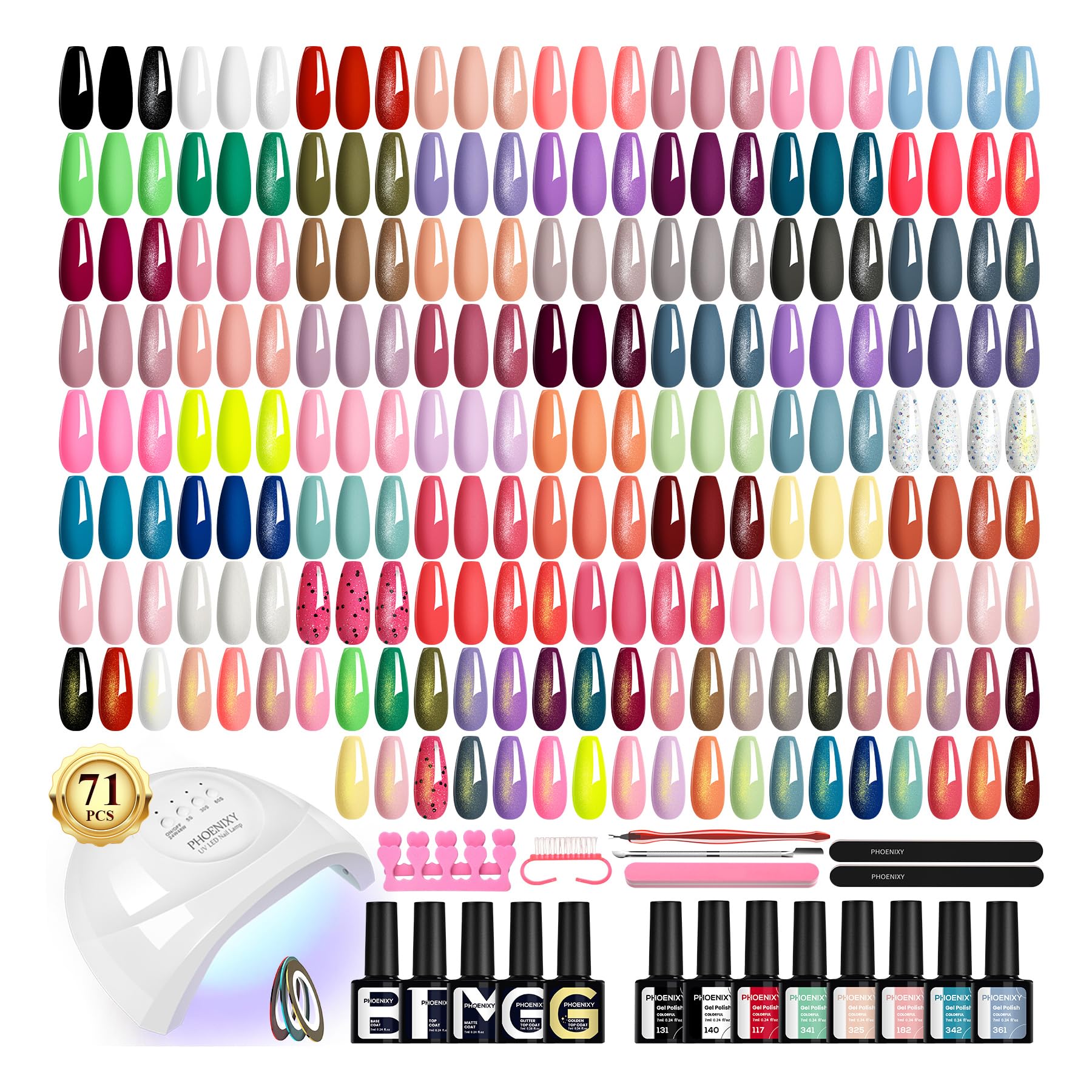 PHOENIXY 71 Pcs Gel Nail Polish Kit with UV Light – 55 Colors, 5 Base & Top Coats, 48W Lamp, Manicure Starter Set