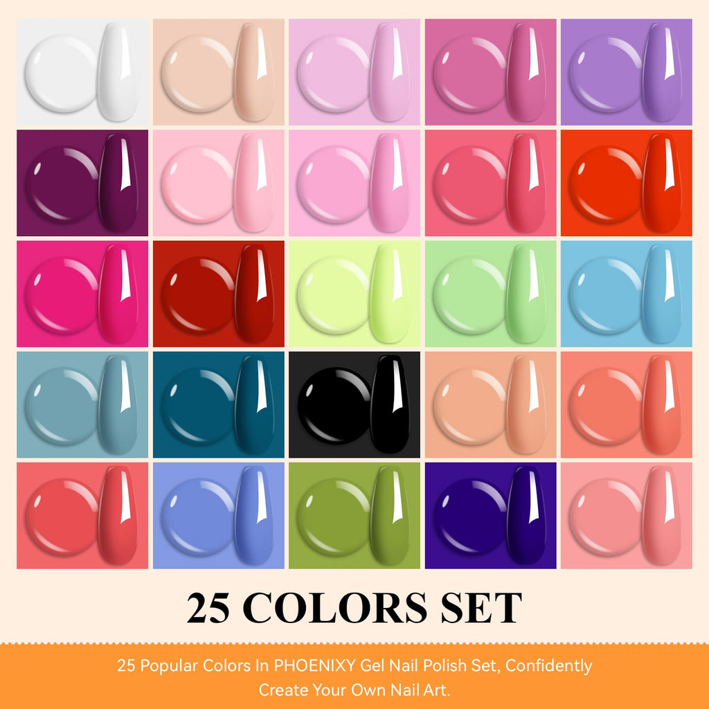 Phoenixy 30-Piece Gel Nail Polish Set – 25 Colors with Base & Top Coats | Gift-Worthy for Women