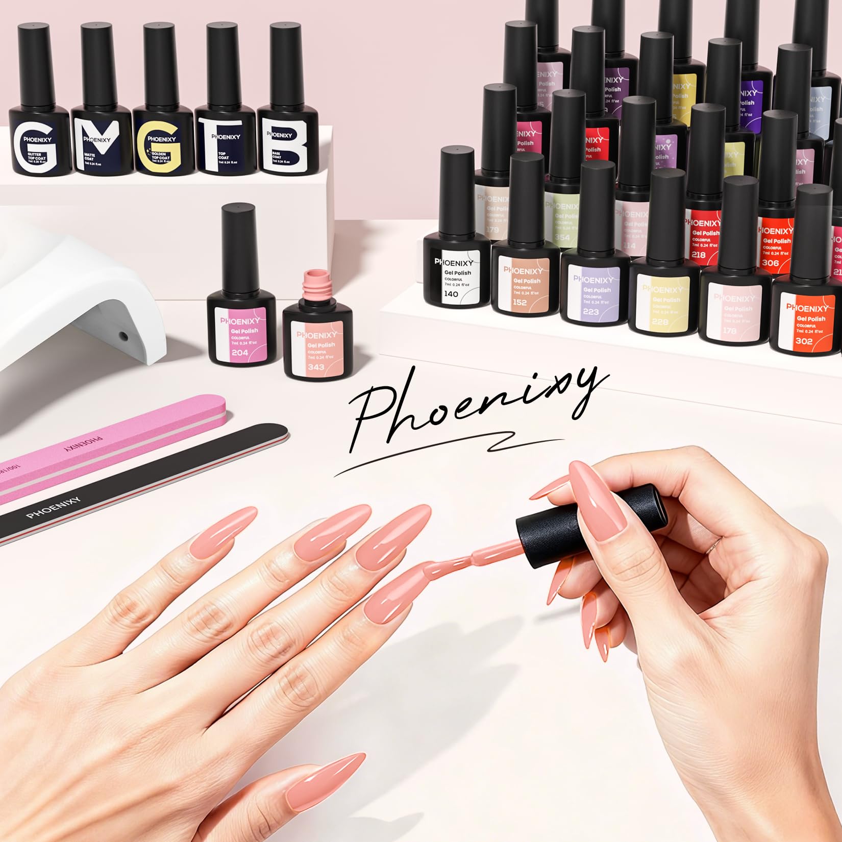 Phoenixy 71 Pcs Gel Nail Kit with UV Light — 55 Colors, 60 Bottles, Base & Top Coats, DIY Manicure Set