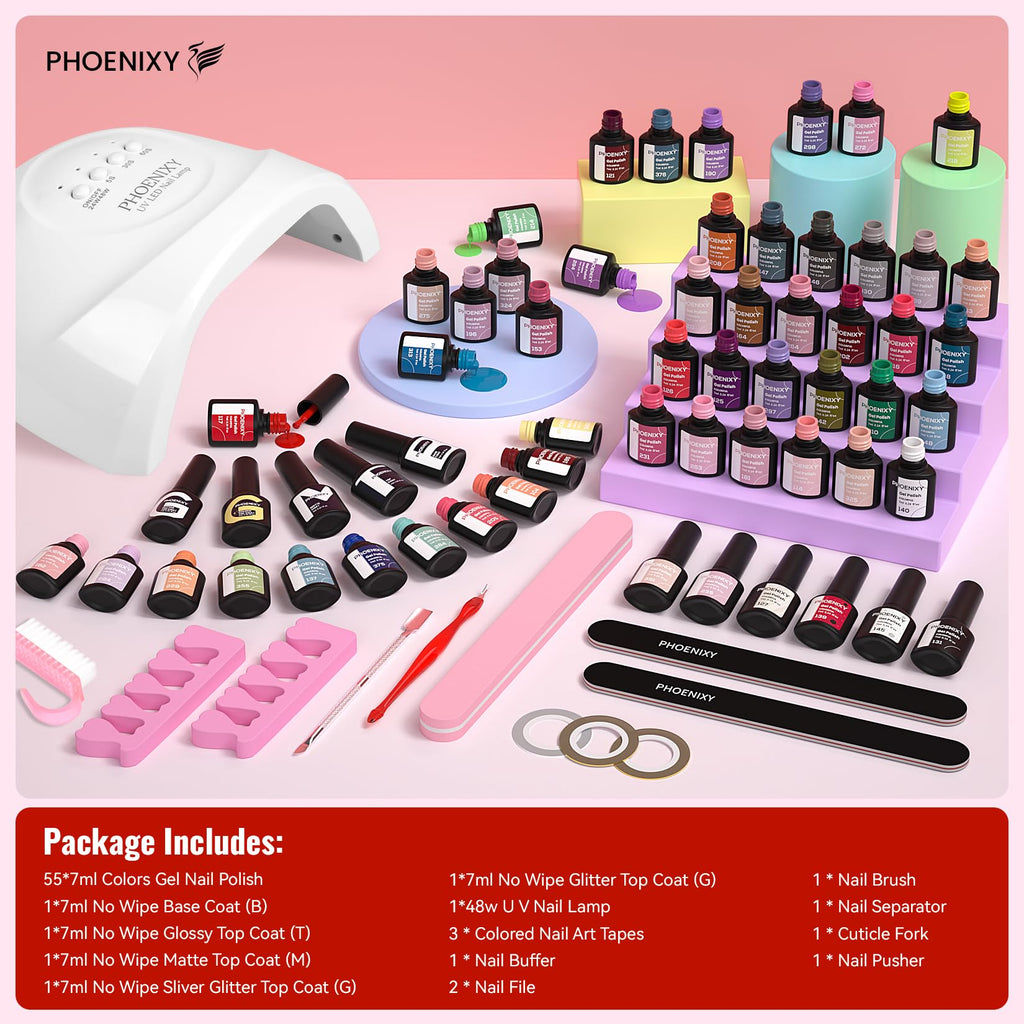 PHOENIXY 71 Pcs Gel Nail Polish Kit with UV Light – 55 Colors, 5 Base & Top Coats, 48W Lamp, Manicure Starter Set