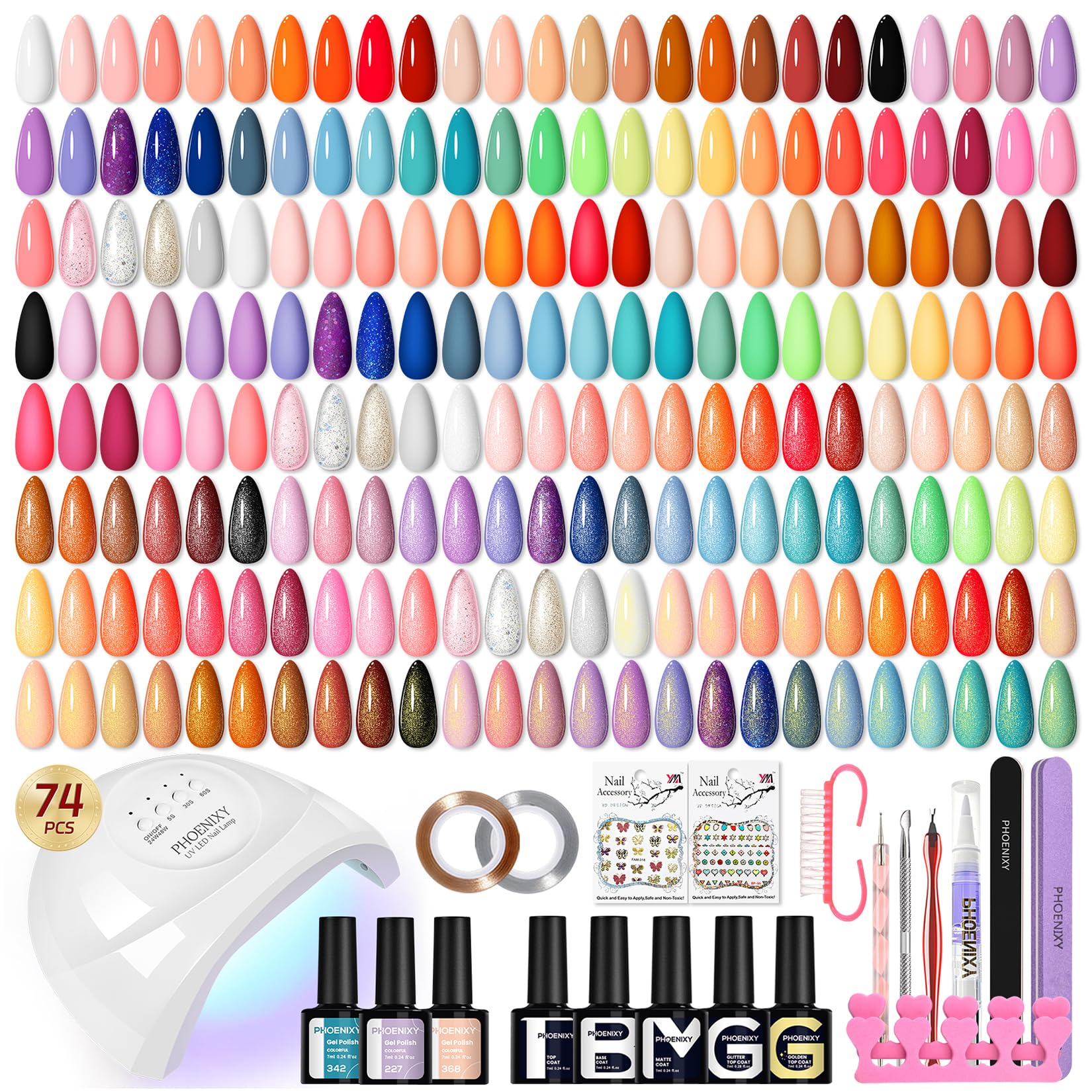 Phoenixy Gel Nail Polish Kit with UV LED Lamp — 74-Piece Complete Gel Nail Set (55 Colors, Base Coat & 4 Top Coats)