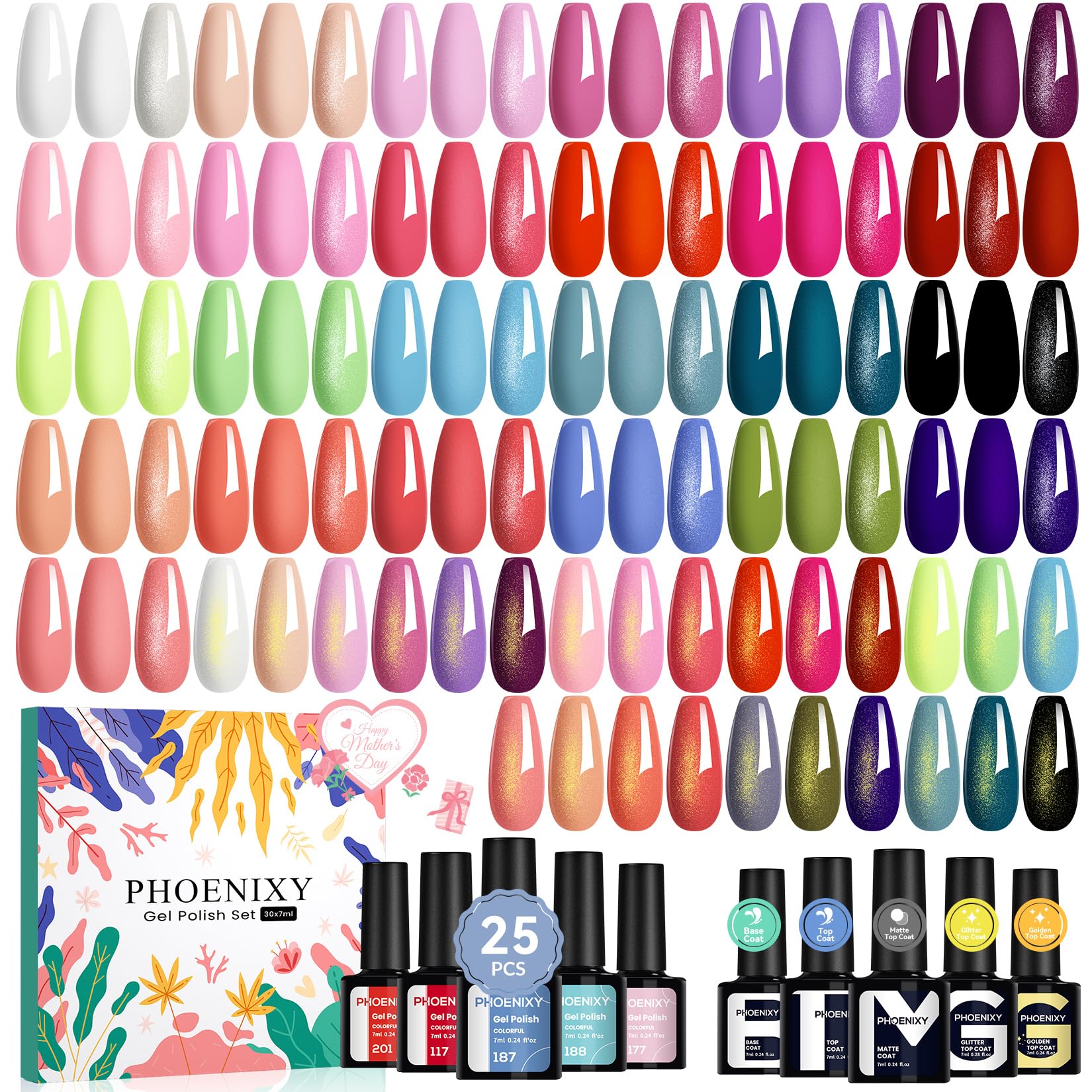 Phoenixy 30-Piece Gel Nail Polish Set – 25 Colors with Base & Top Coats | Gift-Worthy for Women