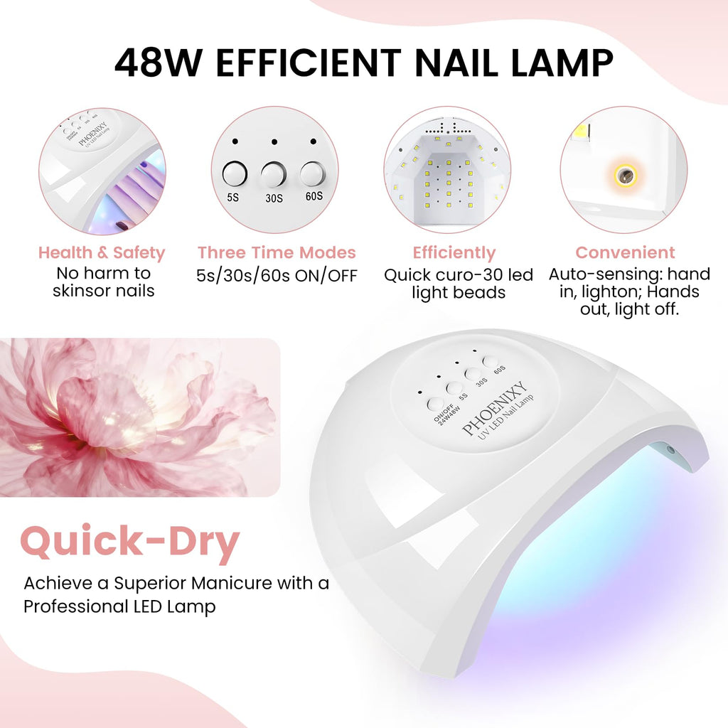 Phoenixy 71 Pcs Gel Nail Kit with UV Light — 55 Colors, 60 Bottles, Base & Top Coats, DIY Manicure Set
