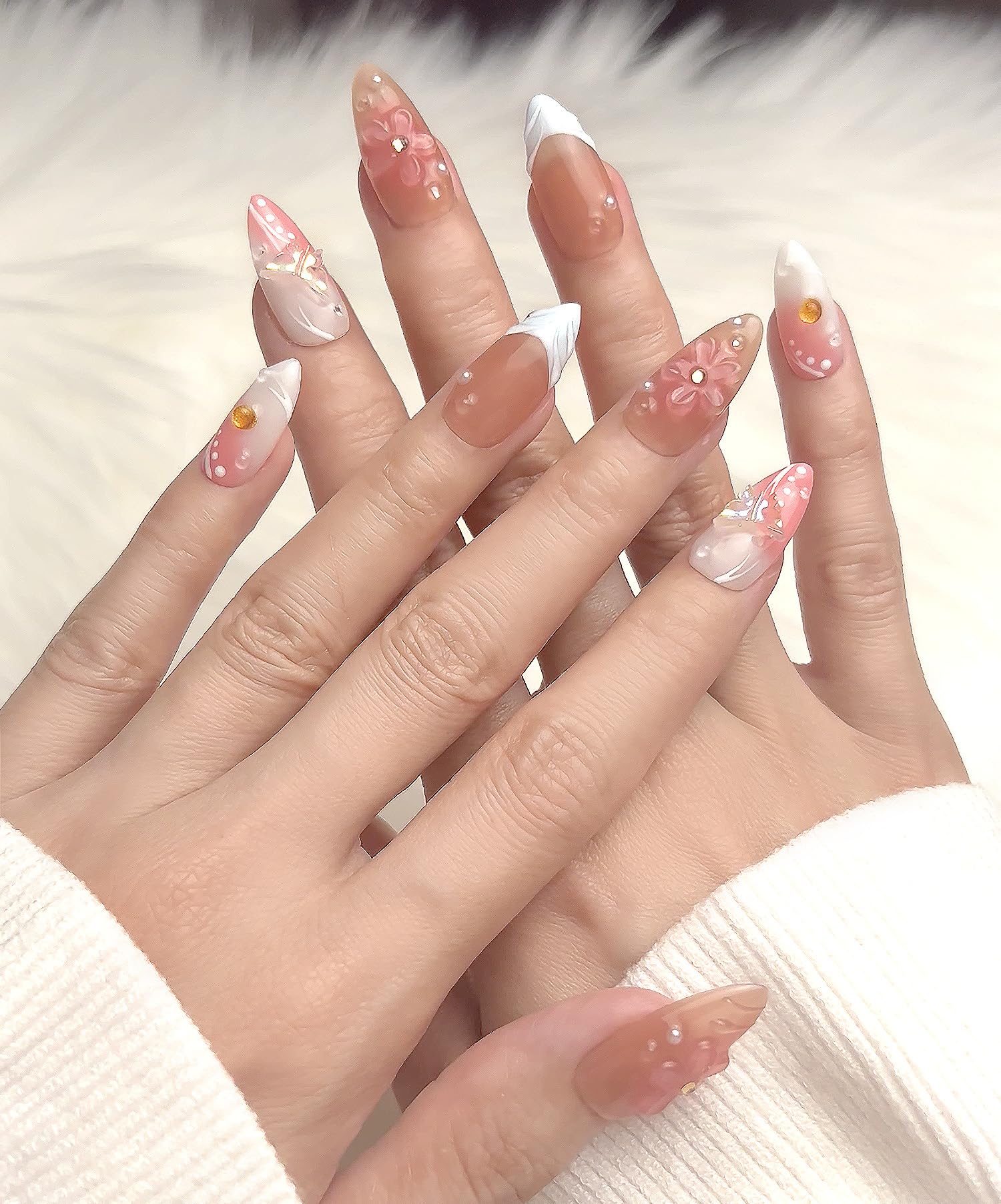 PHYLIN LEAF Handmade Press On Nails – Medium Almond, 3D Sea Shell & Butterfly Design