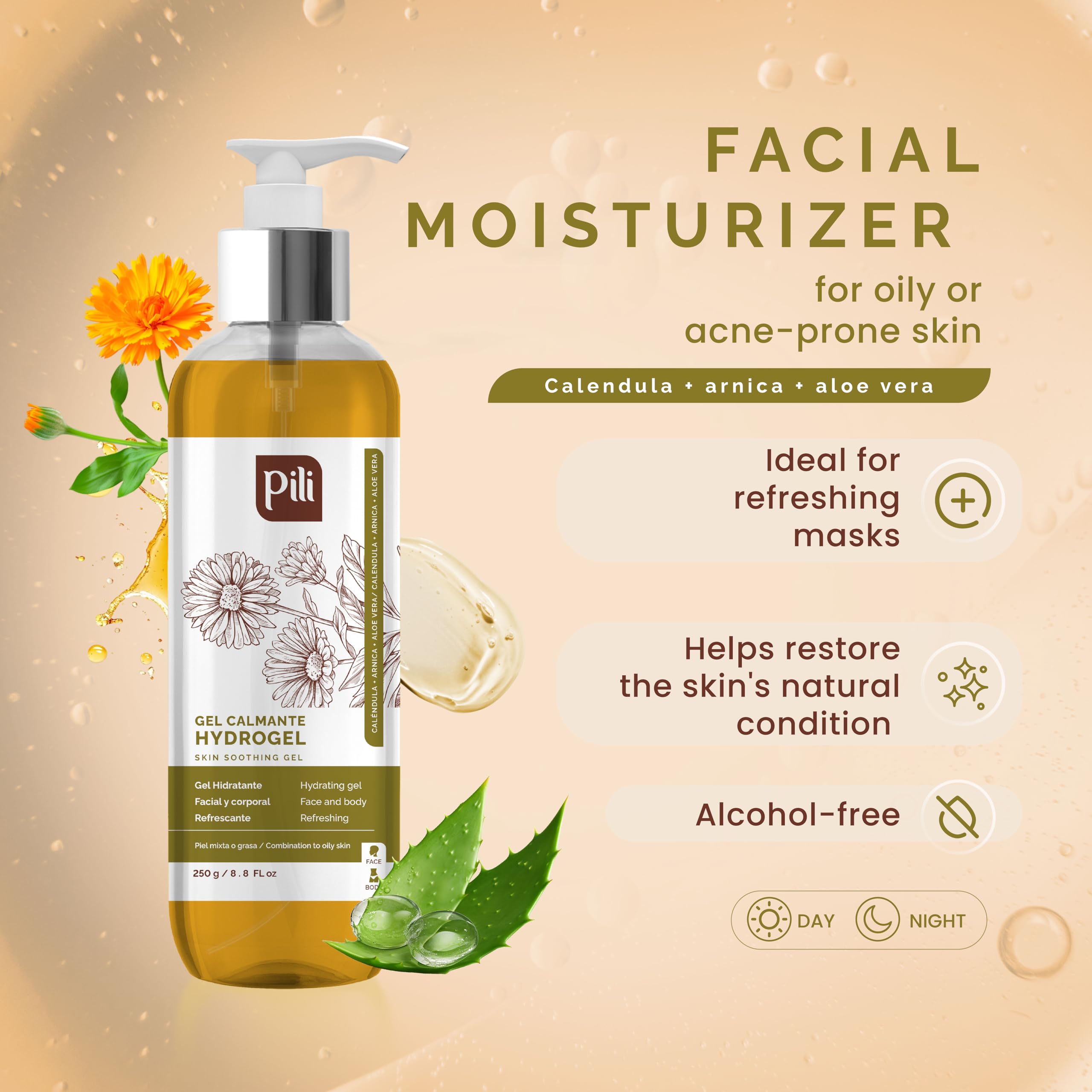 Pili Natural Hydrogel – Soothing Skin Gel with Arnica, Calendula, Centella Asiatica & Aloe Vera | Paraben & Alcohol Free | 8.8 oz