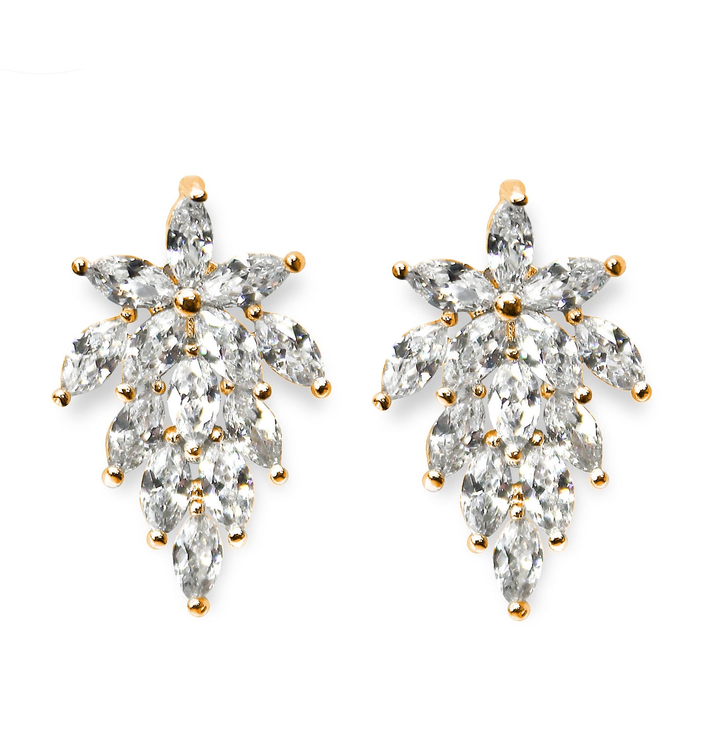 CLIP ON Earrings Gold Crystal Women's Wedding Floral Flower Leaf Chandelier Vintage