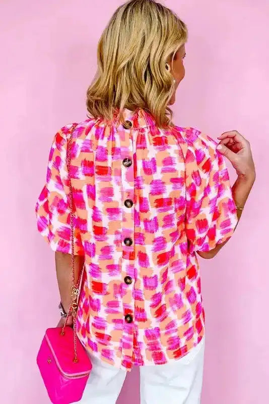 Abstract Print Ruffled Stand Neck Button Back Blouse Women UK
