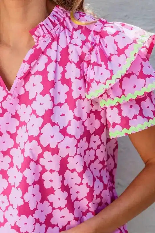 Pink Floral Layered Ruffle Sleeve Blouse Women UK
