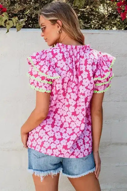 Pink Floral Layered Ruffle Sleeve Blouse Women UK