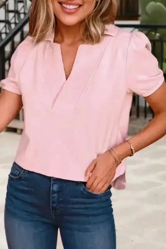 Pink Polo V-Neck Puff Sleeve Top Women UK
