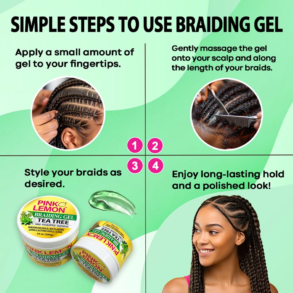 PINK LEMON Braiding Gel Tea Tree – Maximum Hold, No Flaking, High Shine, Fast Drying – 15 oz