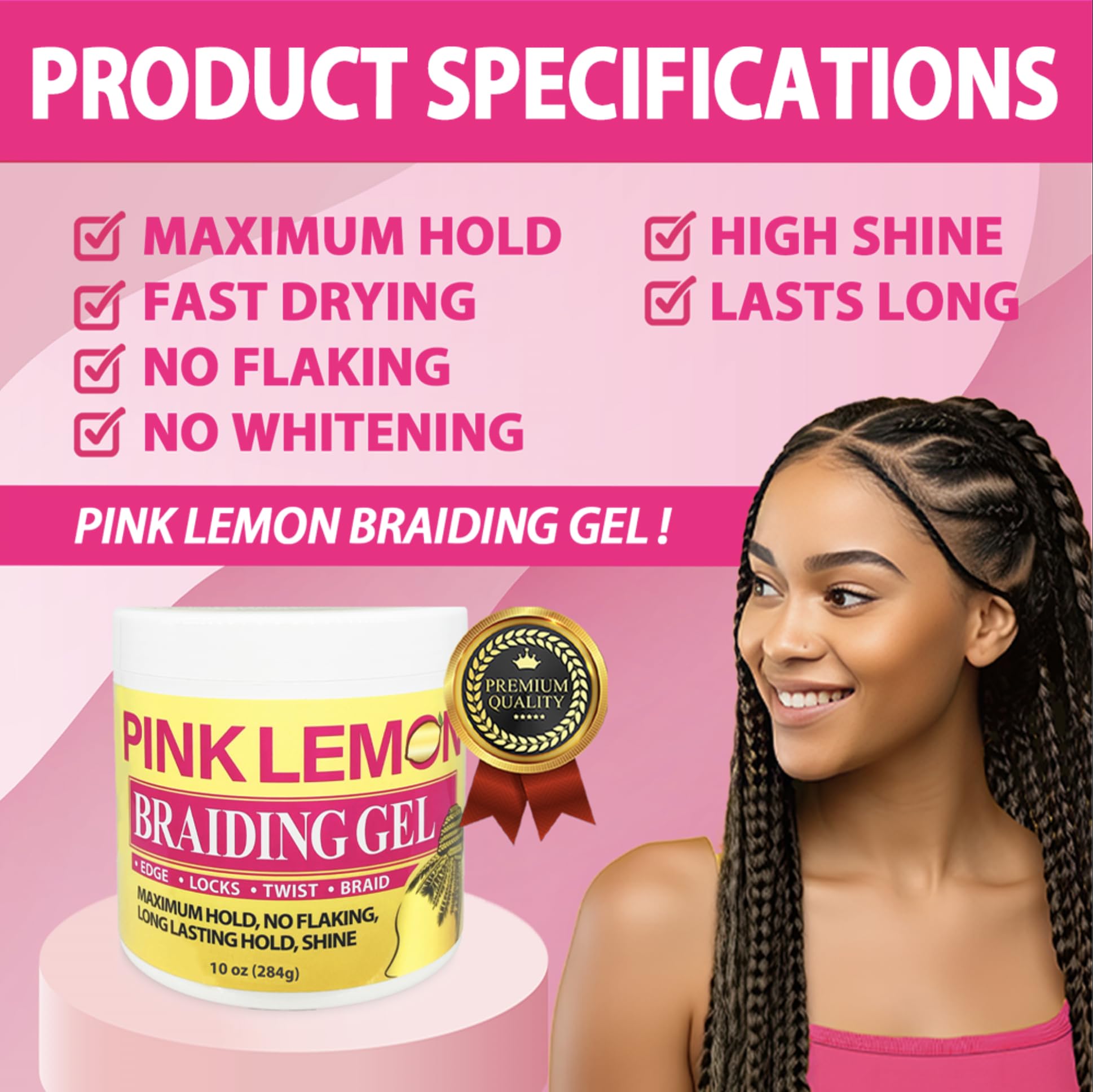 PINK LEMON Braiding Gel - Maximum Hold, High Shine, No Flaking | 10 oz