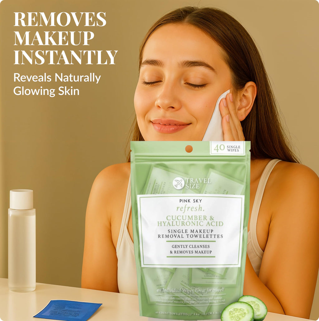 Pink Sky Hyaluronic Acid & Cucumber Makeup Remover Wipes – 40 Individually Wrapped Towelettes
