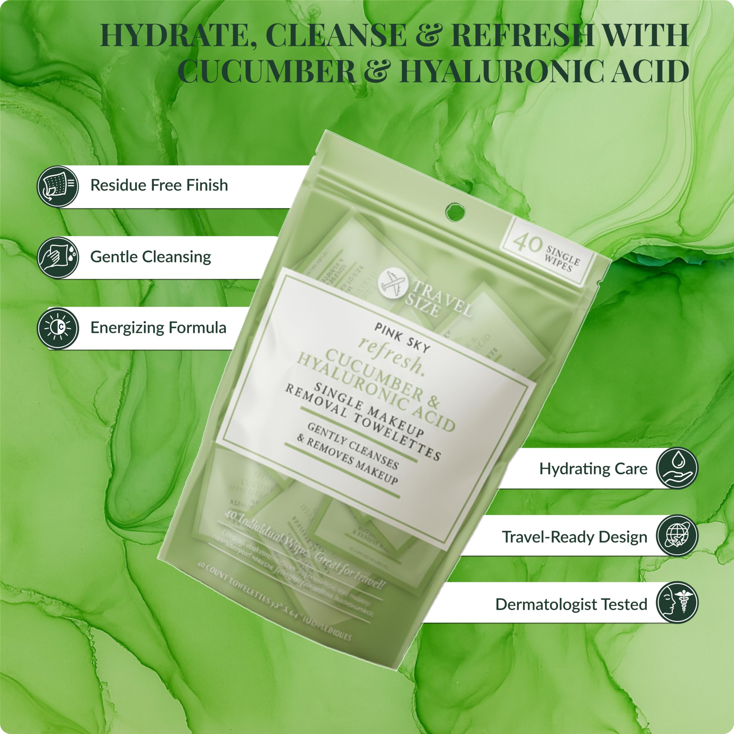 Pink Sky Hyaluronic Acid & Cucumber Makeup Remover Wipes – 40 Individually Wrapped Towelettes