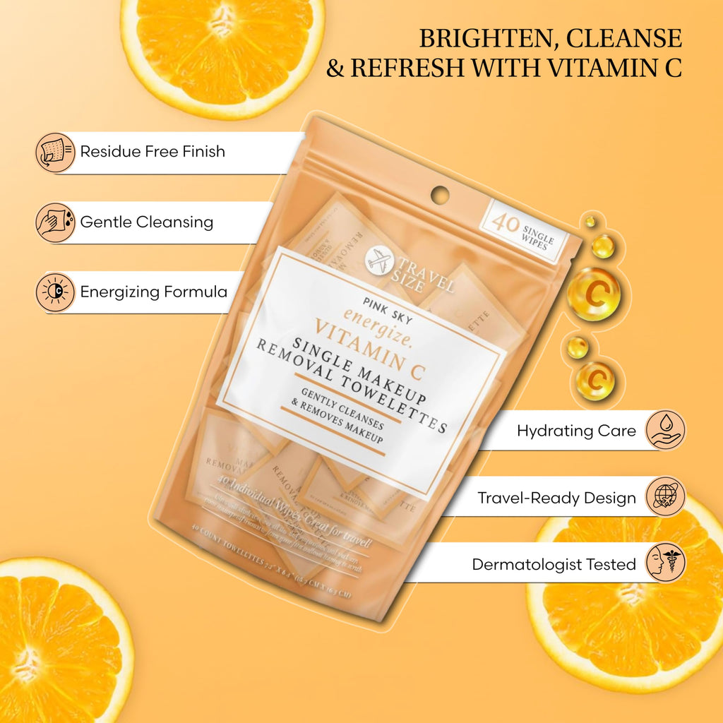 Pink Sky Vitamin C Makeup Remover Wipes - 40 Individually Wrapped Towelettes