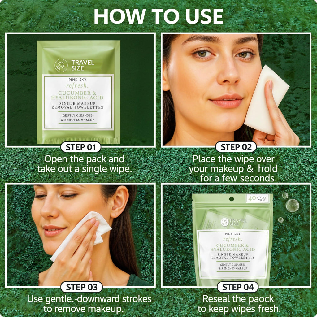 Pink Sky Hyaluronic Acid & Cucumber Makeup Remover Wipes – 40 Individually Wrapped Towelettes