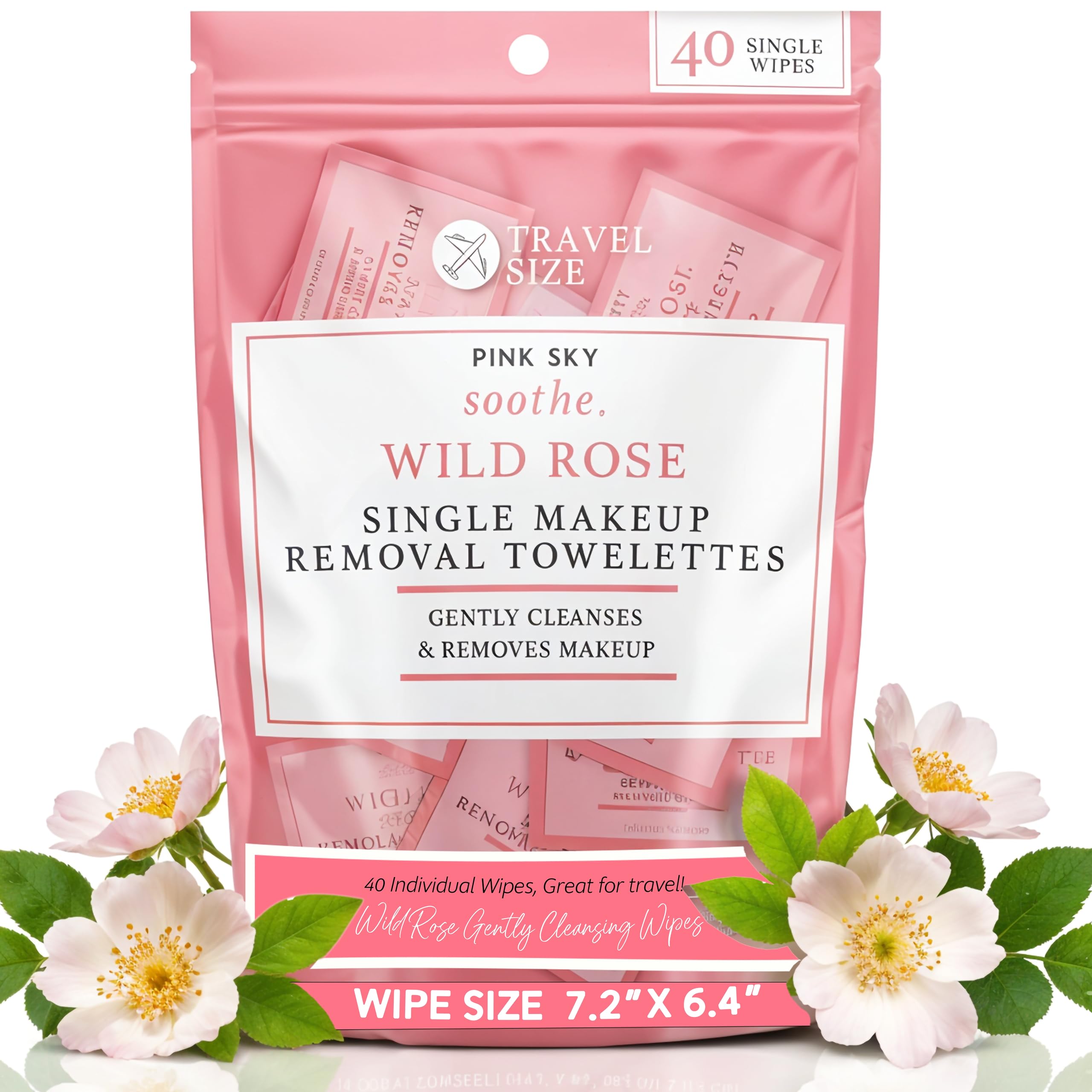Pink Sky Wild Rose Makeup Remover Wipes – 40-Count, Individually Wrapped, Hydrating Rose Facial Towelettes