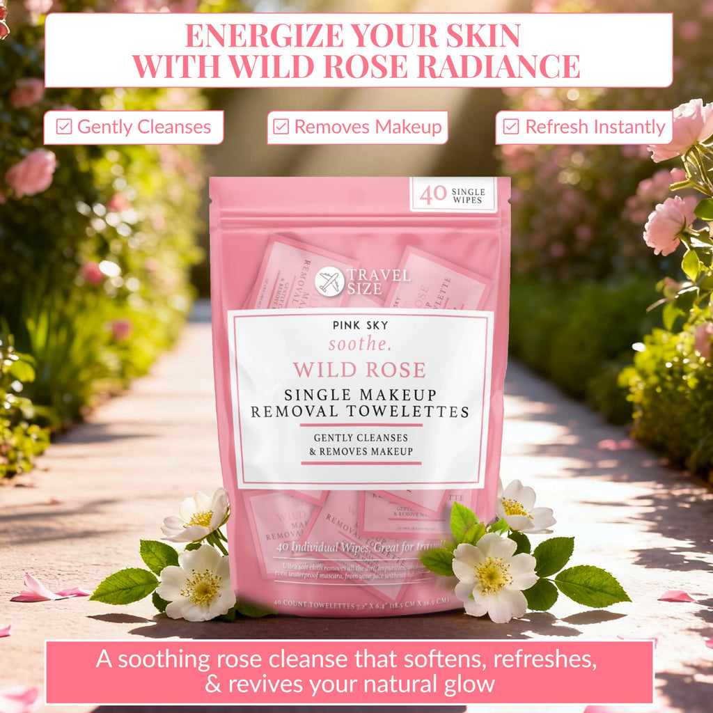 Pink Sky Wild Rose Makeup Remover Wipes – 40-Count, Individually Wrapped, Hydrating Rose Facial Towelettes